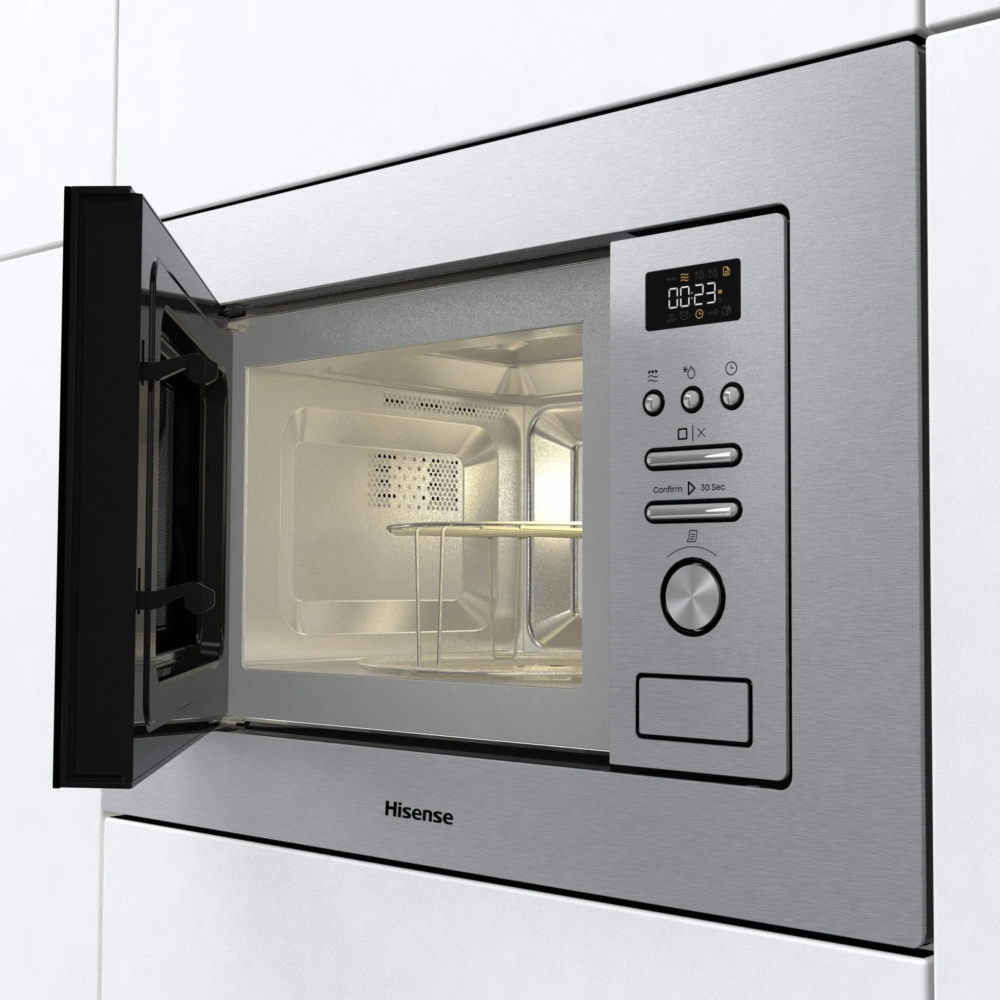 Hisense BIM320G41X - Microondas Integrable, 1000W, 20L, Alto 38.8cm x Ancho 59.5cm, Color Inox, 5 Niveles de Potencia, 15 Programas Preestablecidos, Grill Combo, Descongelar por Tiempo o Peso