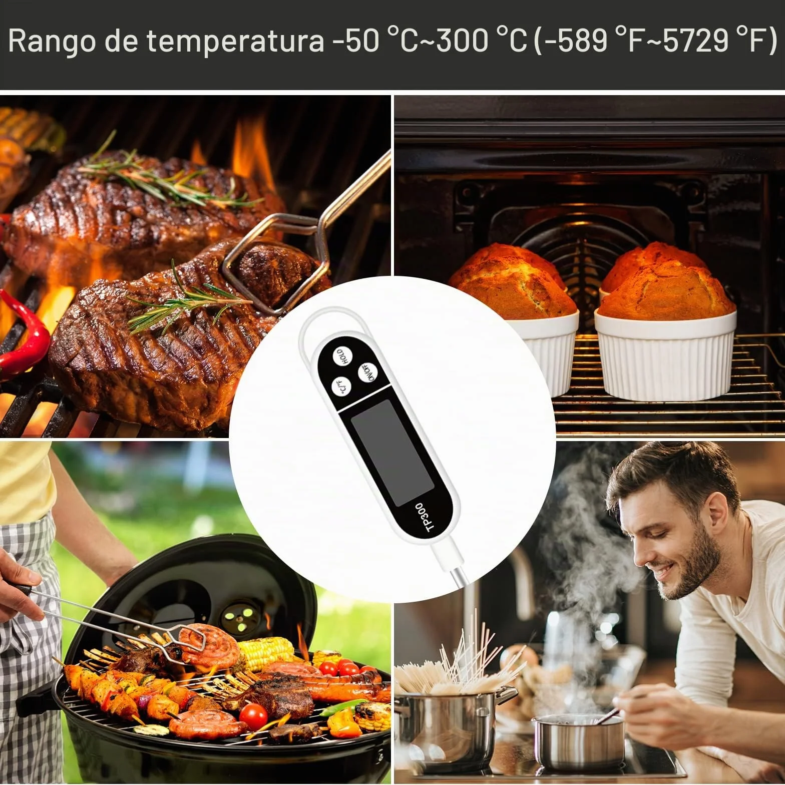 Jsdoin Termómetro Digital de Cocina, LCD Termómetro de Cocina con Sonda Larga, Termómetro Doméstico para Carne, BBQ, Comida, Horno, Liquidos, Aceite, Agua