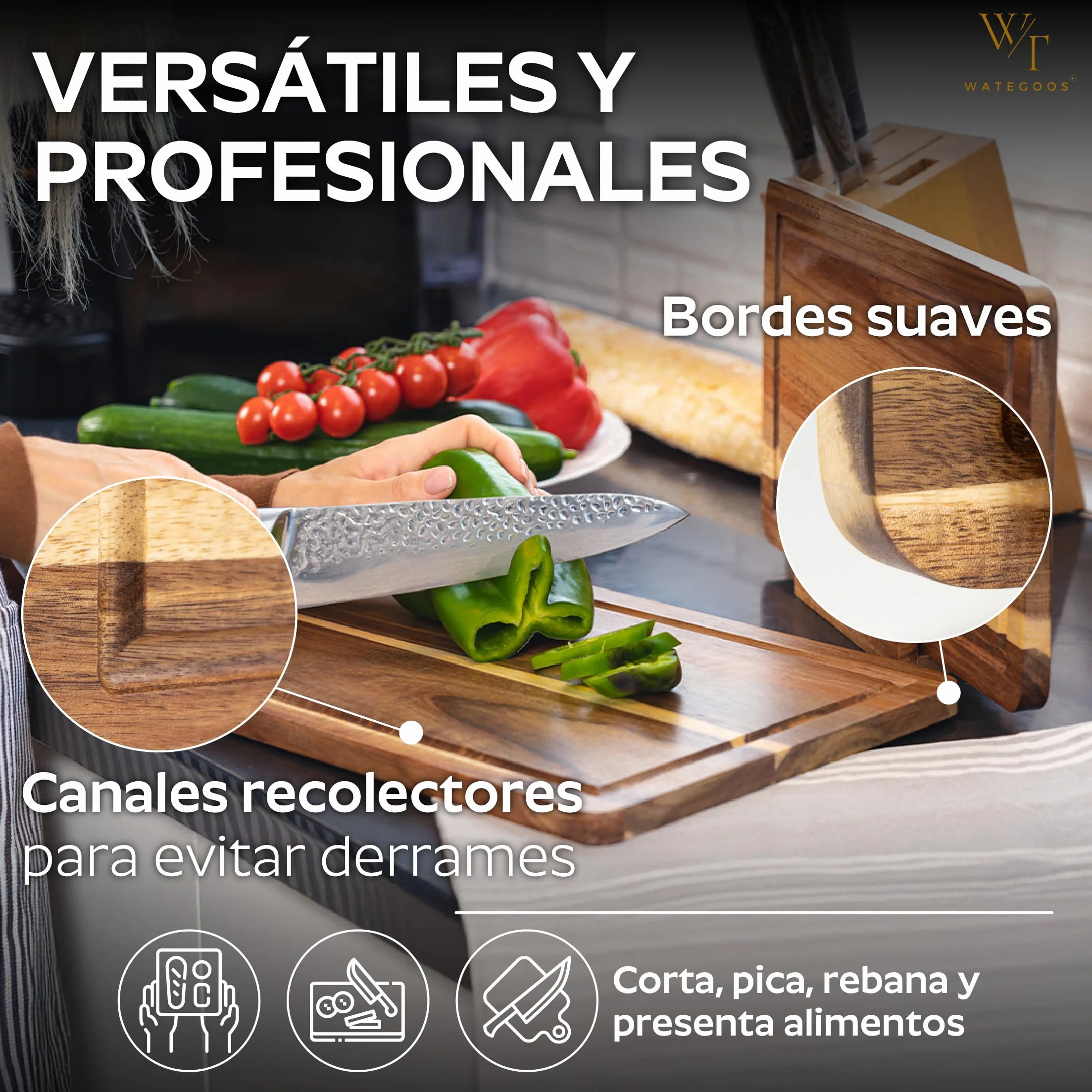2 Pack Tablas de Cortar Madera Acacia con Soporte para Quesos - Ecológica Resistente Antibacteriana