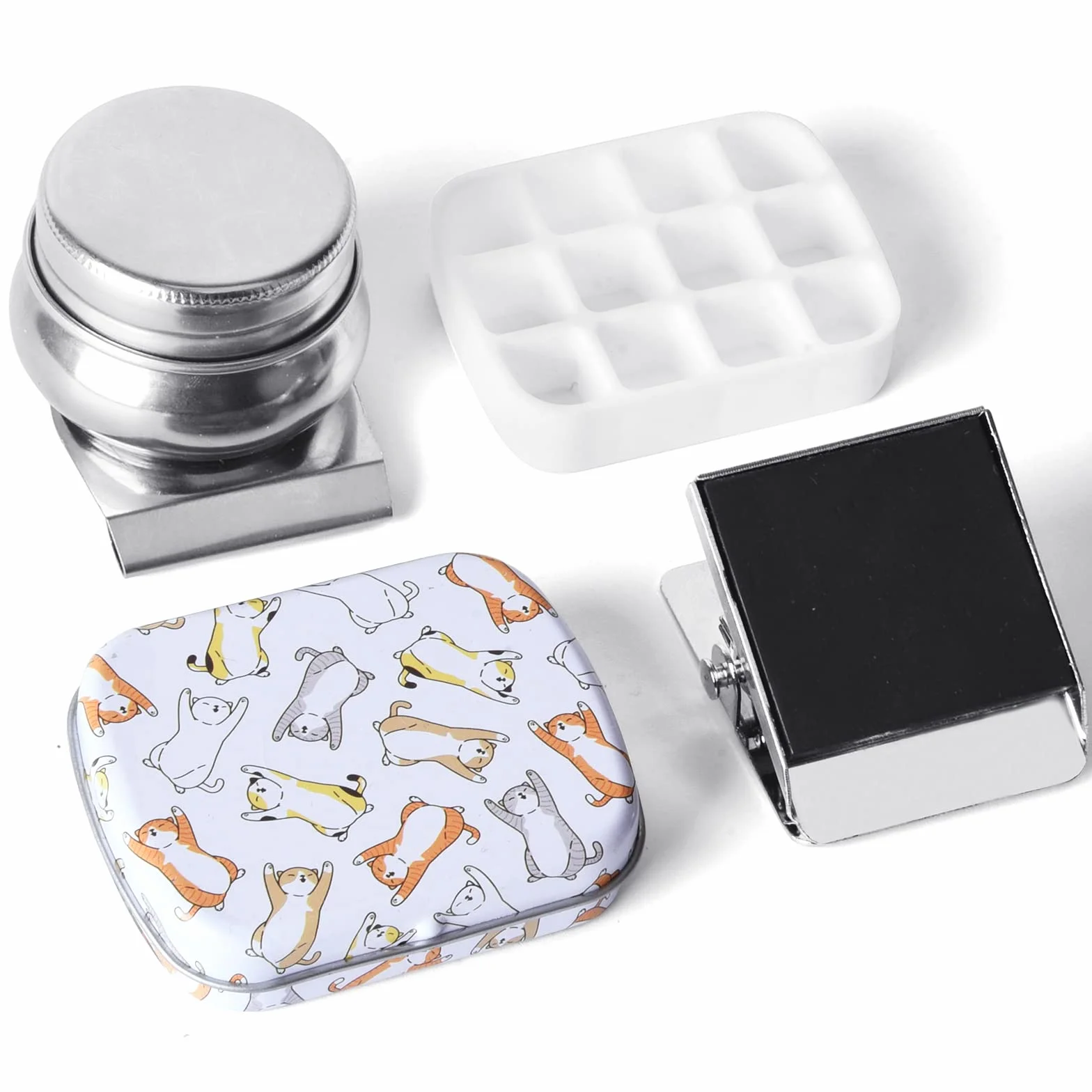 Mini Caja de Lata portátil, Paleta de Acuarela vacía de 12 pozos, pequeño Almacenamiento de Pintura, Kits de Acuarela para Artistas de Viaje al Aire Libre con Clip magnético y Olla de Aceite, Gato