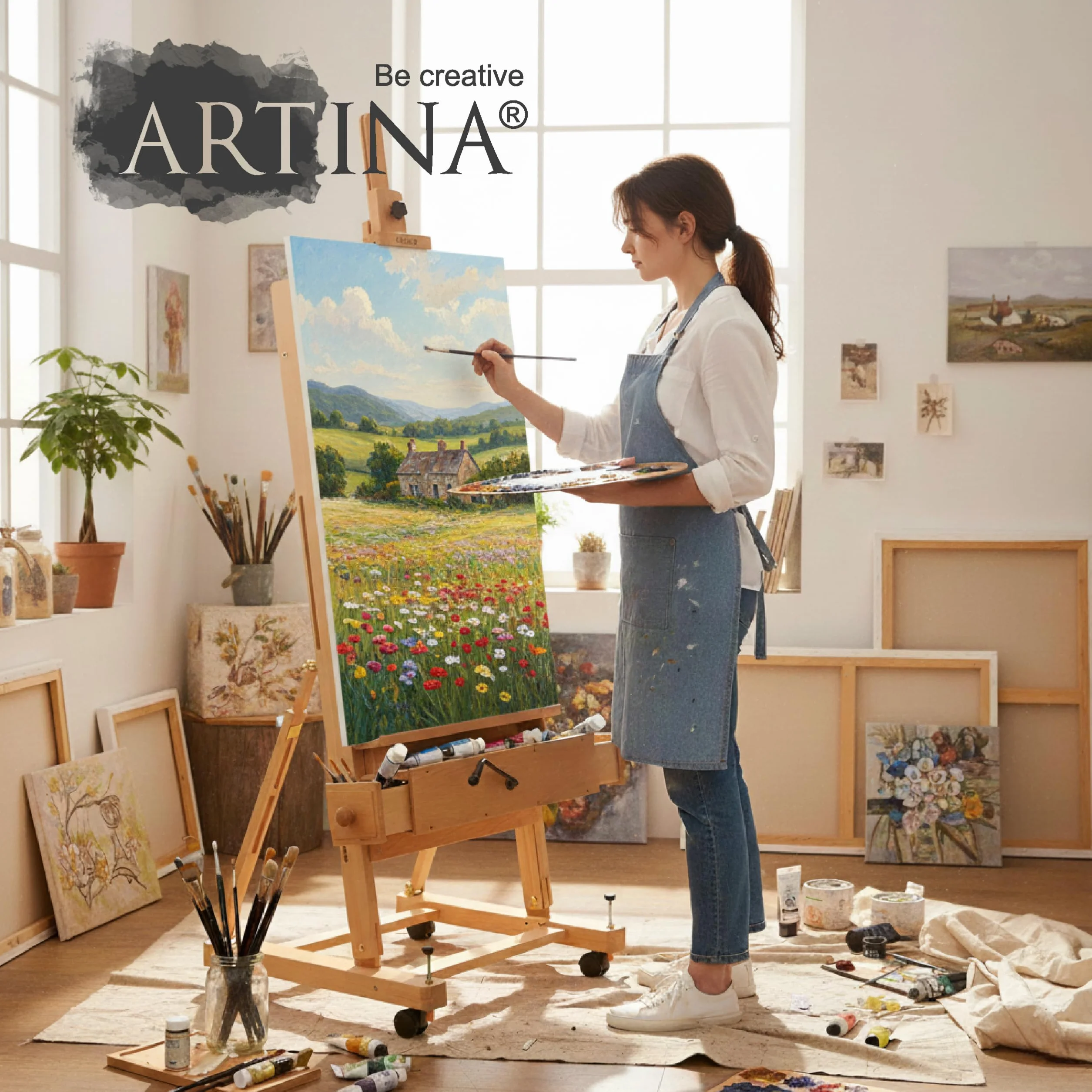 Artina Caballete de Pintura Profesional de Estudio con Ruedas Pisa - Caballete Profesional Madera Maciza de Haya - para Lienzos hasta 210cm de Altura con Cajones para Todos Sus Utensilios de Pintura