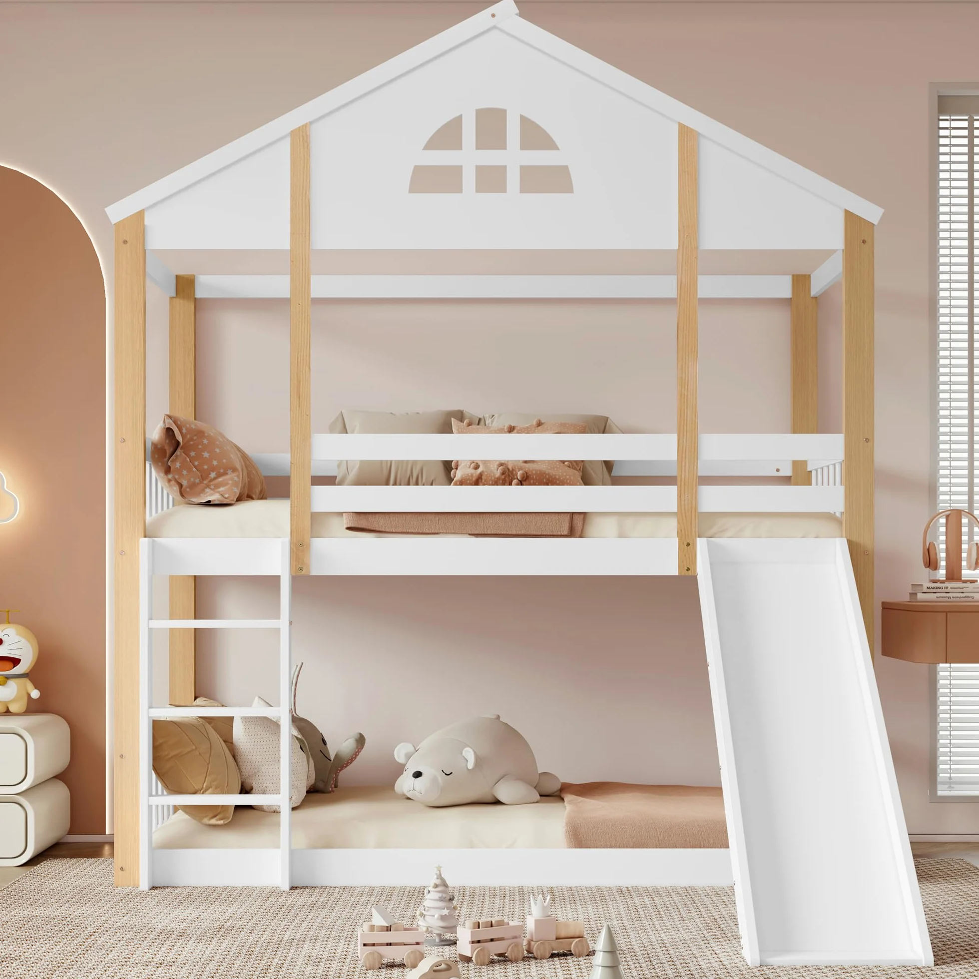 Soweiz Litera Infantil con Tobogán y Escalera, Cama Alta Casa de Madera, 90x200 cm