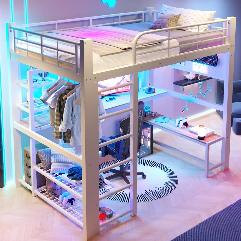 Sapgaks - Cama entrepiso de 1 plaza de 140 x 200 cm, litera infantil con barrera con banda luminosa LED, cama entrepiso escalera, escritorio de madera, tendedero para ropa (140 x 200)
