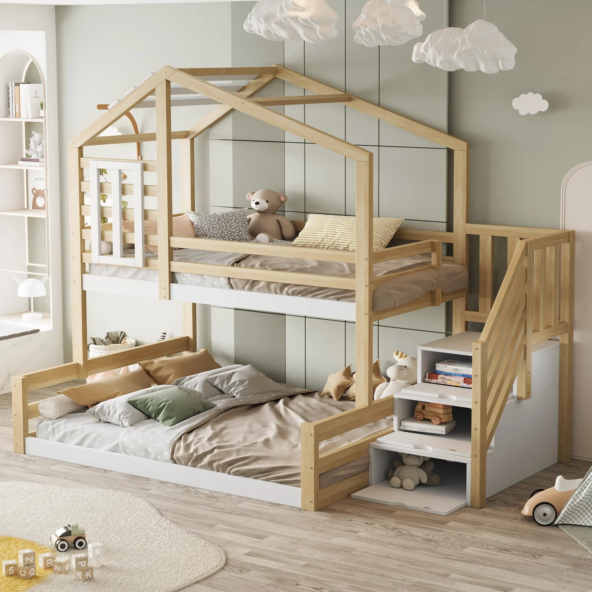 LAKFEW Litera 90(140)x200 cm con Escalera Almacenaje y Diseño de Techo, Cama Infantil para 2 Niños, Cama Litera Matrimonio con Barandilla Anticaída y Ventana, Literas Infantiles, Natural, Sin Colchón