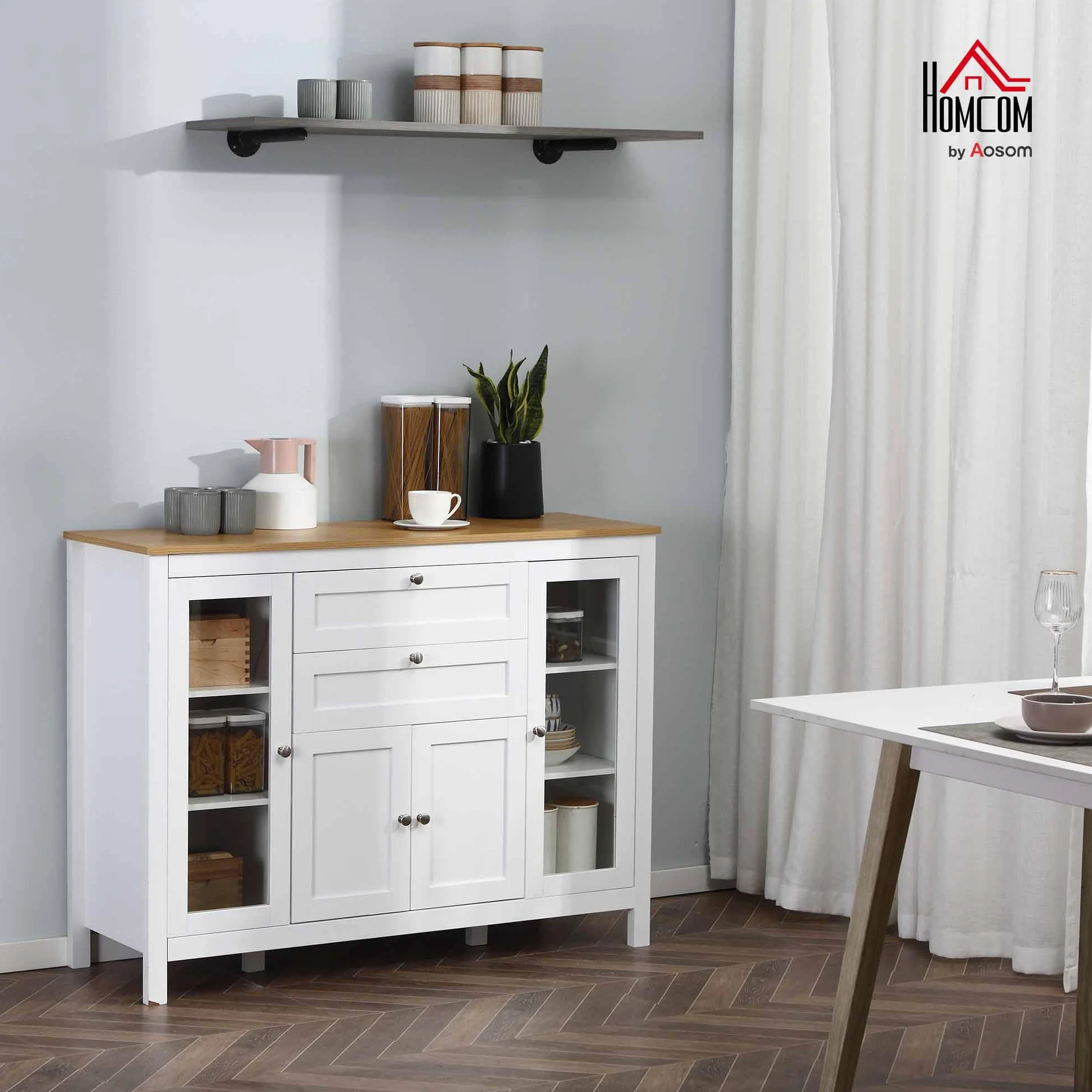 HOMCOM Aparador de Cocina con Armario 2 Cajones 2 Puertas de Vidrio y Estantes Ajustables Muebles Auxiliar de Almacenaje para Comedor Salón 120x40x90 cm Blanco