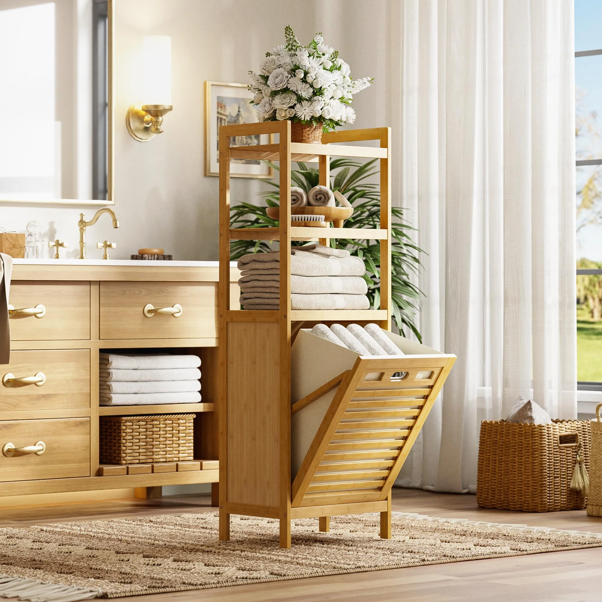 HITNET Armario de Baño con Cesto Ropa Sucia, Mueble Ropa Sucia de Bambú, 40L Bolsa Interior Extraíble con Asas y 3 estantes Abiertos, para Lavadero,Sala de Estar y Dormitorio, Natural