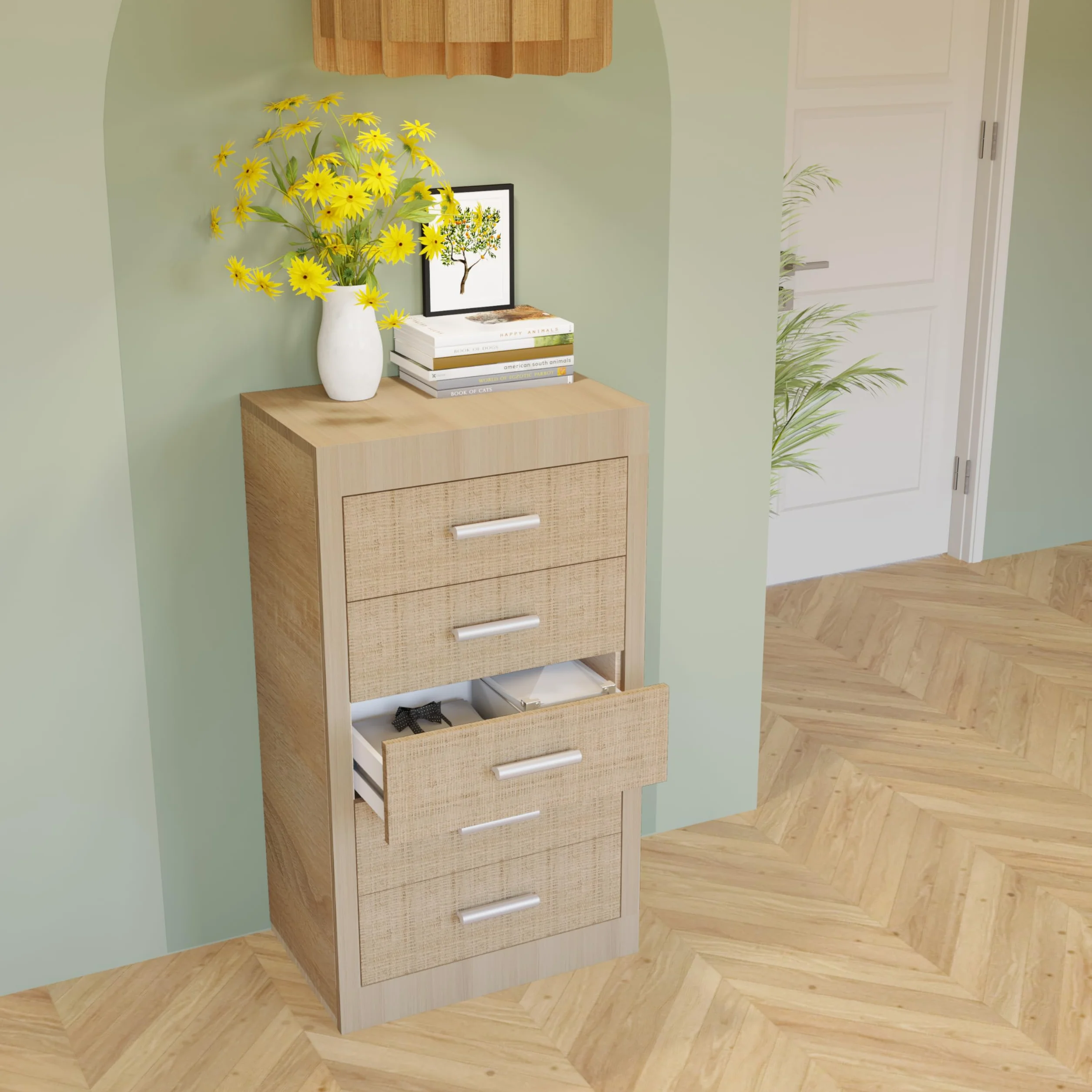 duehome | Pack de Dormitorio con Cabecero + 2 mesitas de Noche + Sinfonier + Espejo + Armario y Cajonera Interior, Dormitorio Completo, Modelo Kira 5c Plus, Acabado en Tofe y Textil