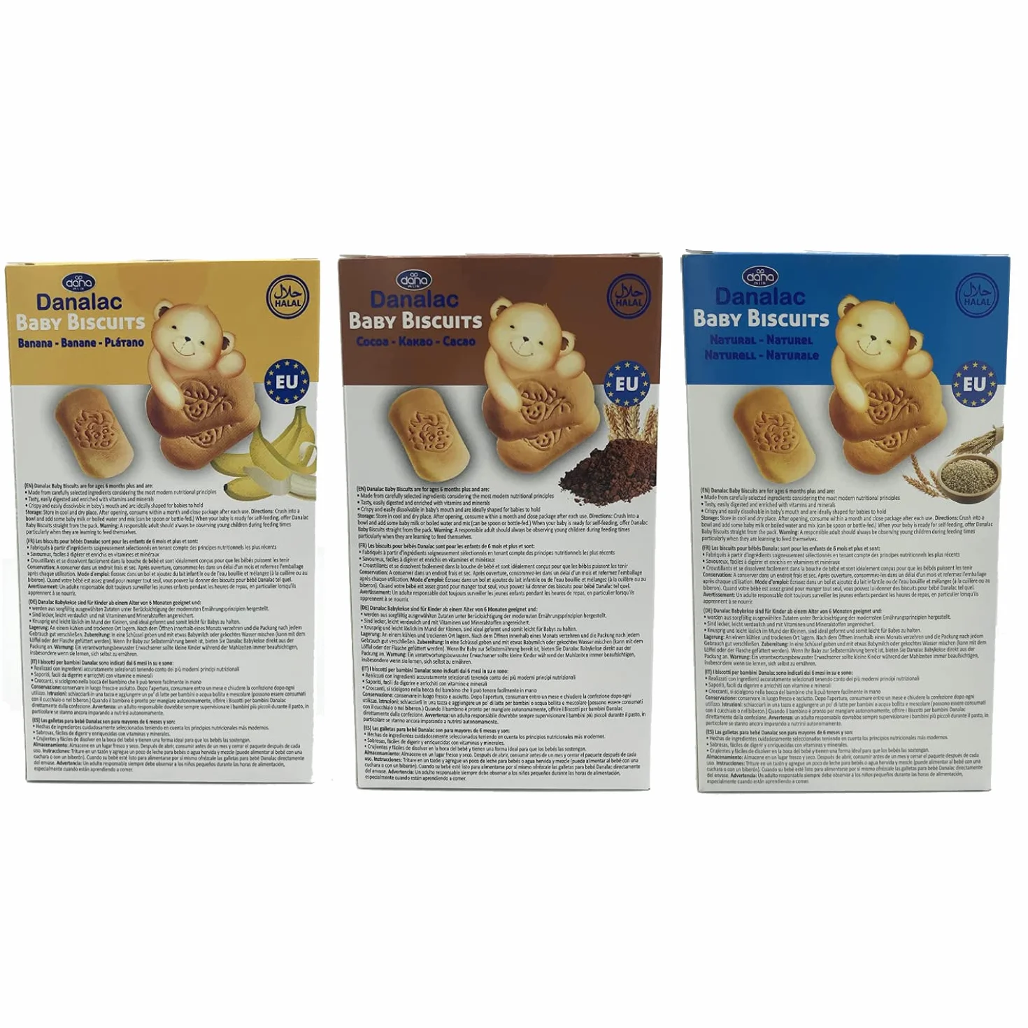 DANALAC Galletas de bebé 120g Paquete combinado 2 plátano 2 cacao 2 natural Aperitivos niños 6 meses calcio hierro vitaminas