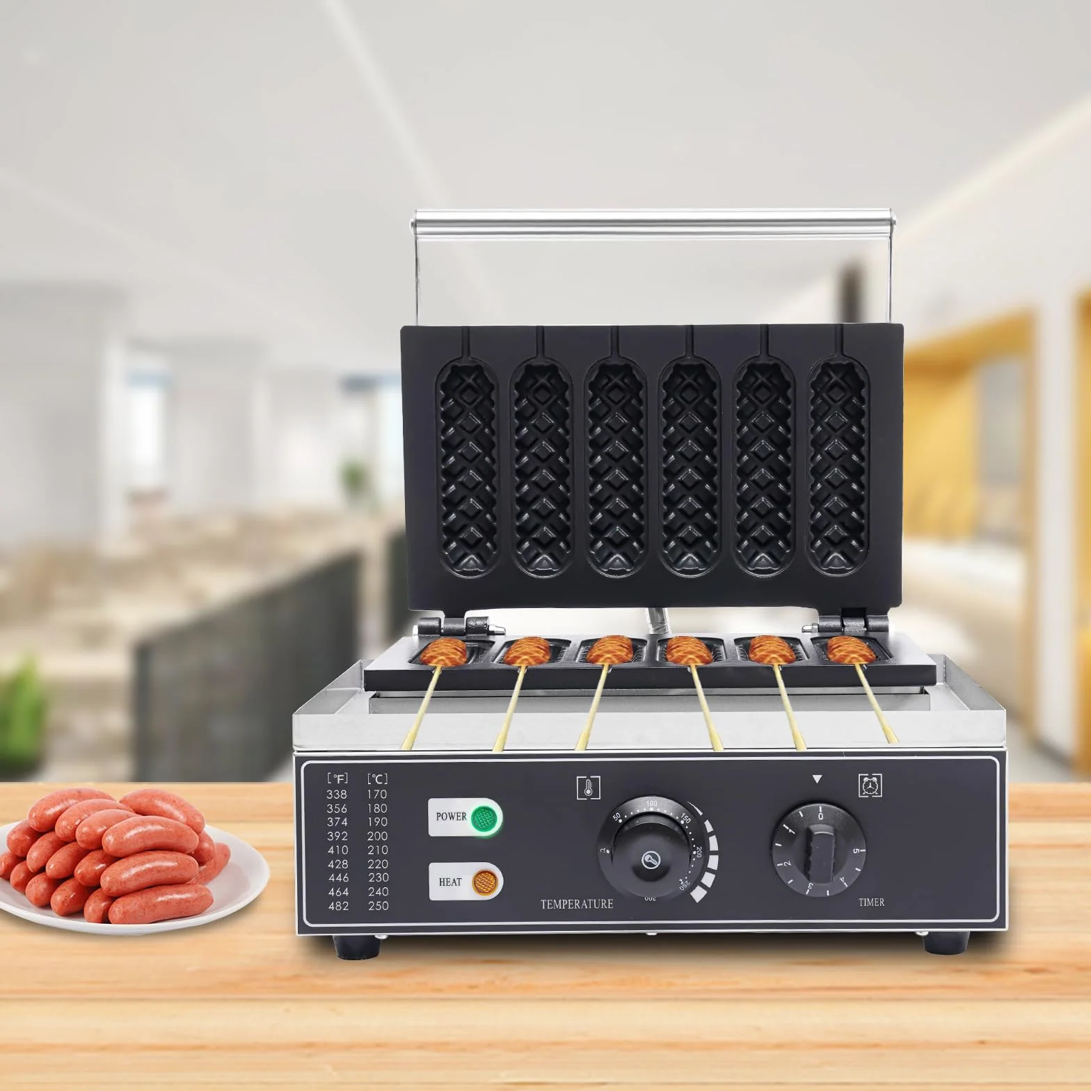 Waffeleisen Waflera, 1500W de acero inoxidable, máquina eléctrica de gofres comercial con 6 piezas de asa/perrito caliente, gofres en brocheta para panaderías, restaurantes, quioscos