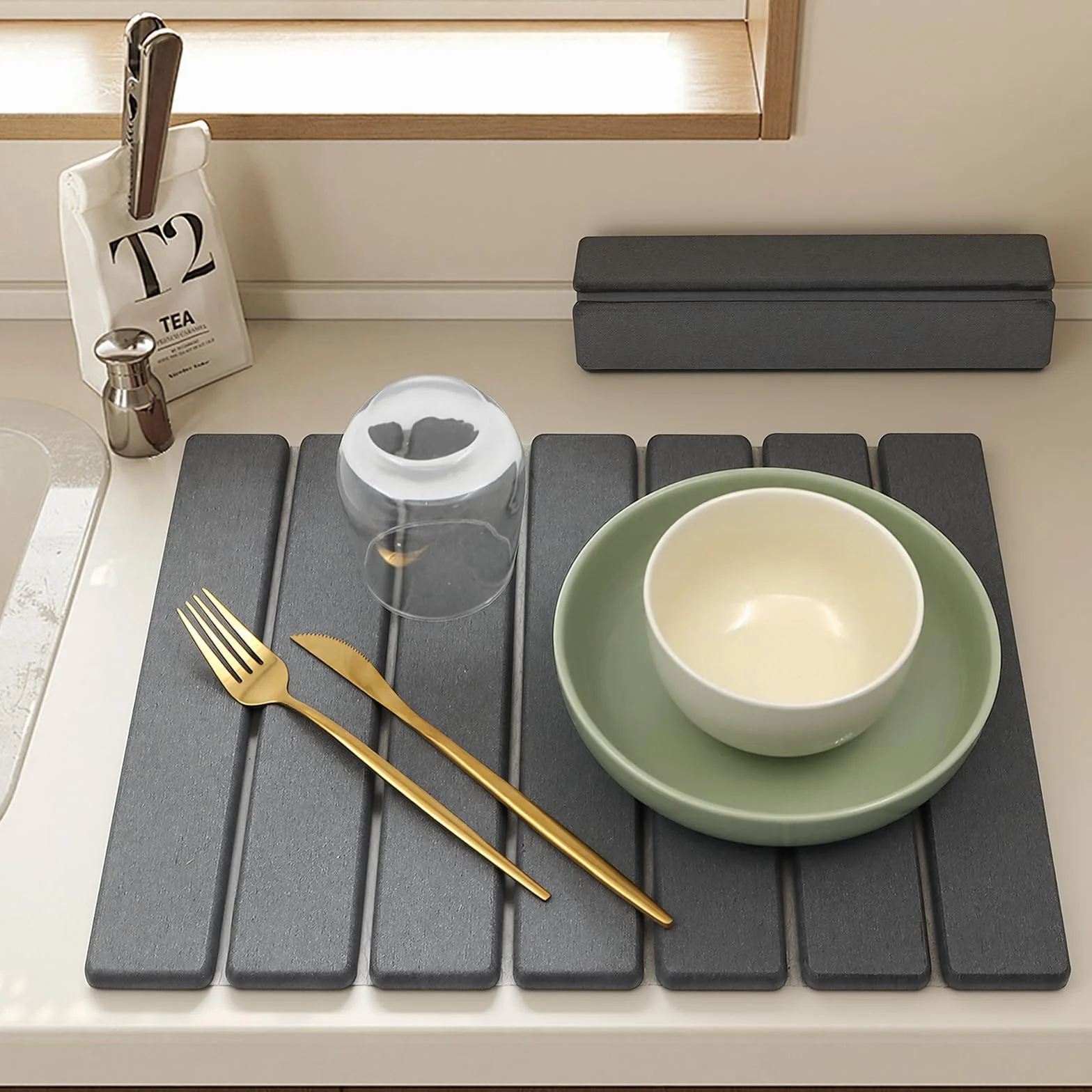 Escurreplatos de Diatomita Absorción Rápida y Secado Rápido Piedra Diatomita Alfombrilla Escurridor de Platos Fregadero Cocina Gris Oscuro 40 x 30cm