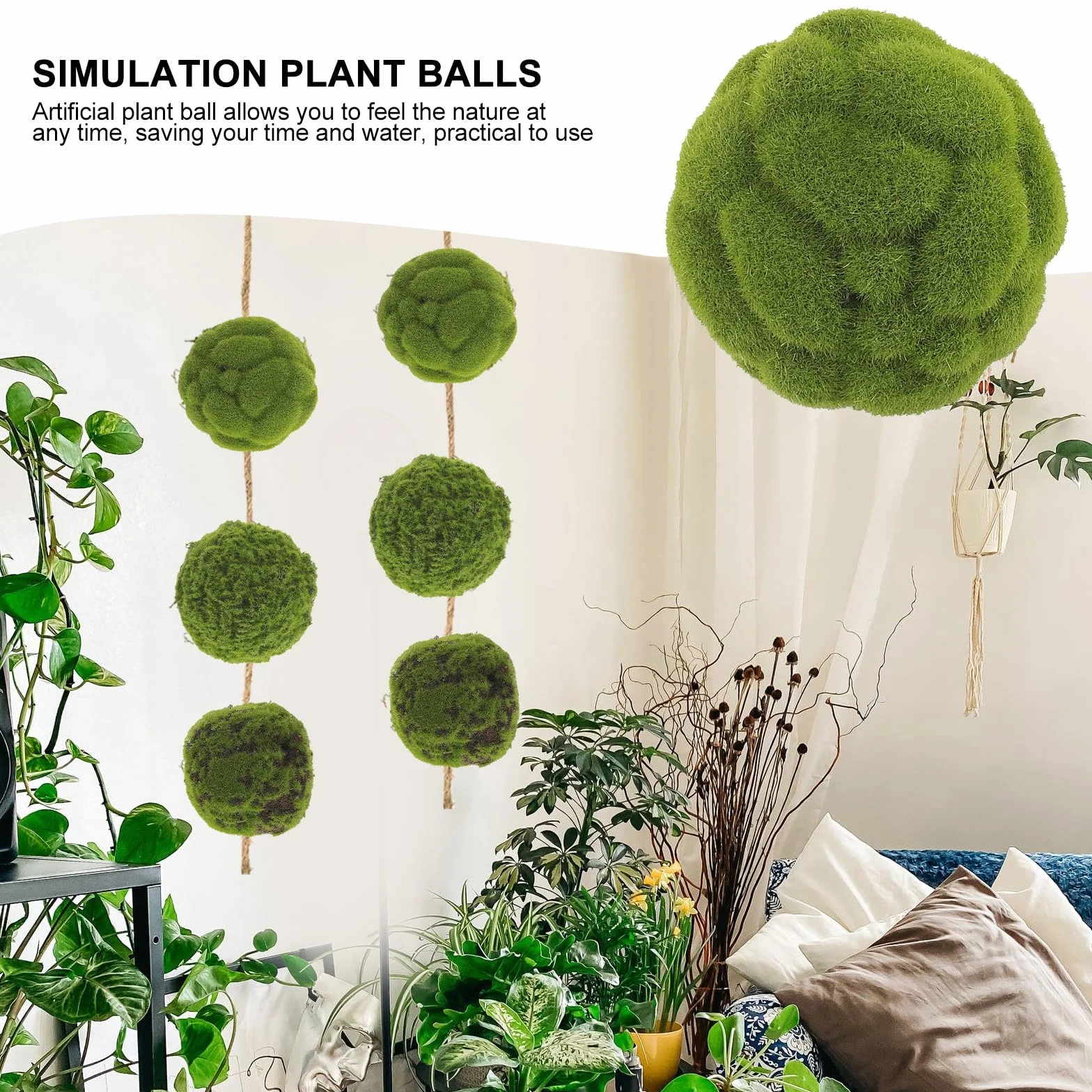 3 Bolas de Musgo Artificiales Verdes para Colgar en Interiores, Decoración Práctica y Natural Fibra y Espuma, Adecuado Hogar