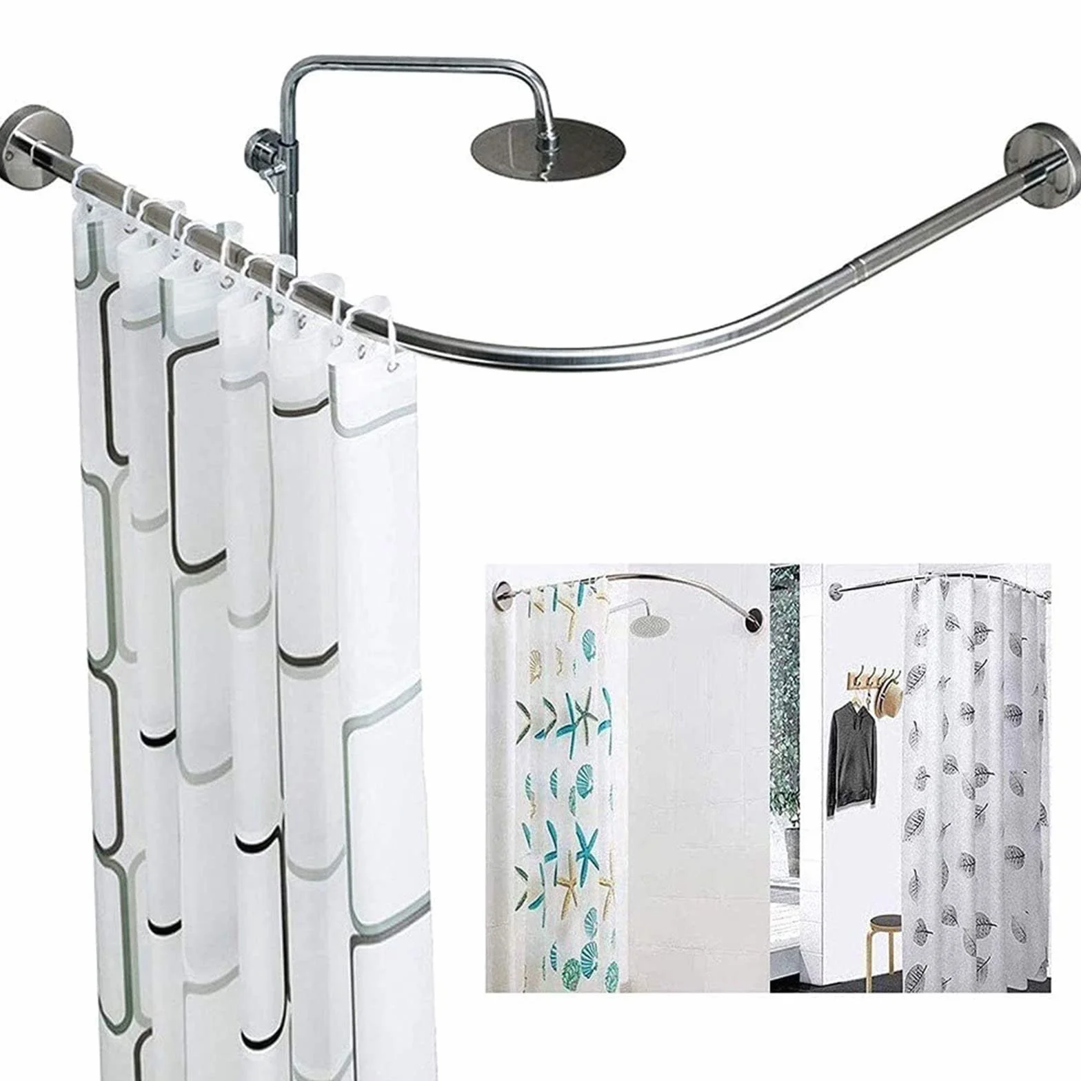 Barra de ducha de esquina ajustable de acero inoxidable, barra curvada de presión, sin taladro, para baño y bañera, color plateado, 70 x 70 95 cm