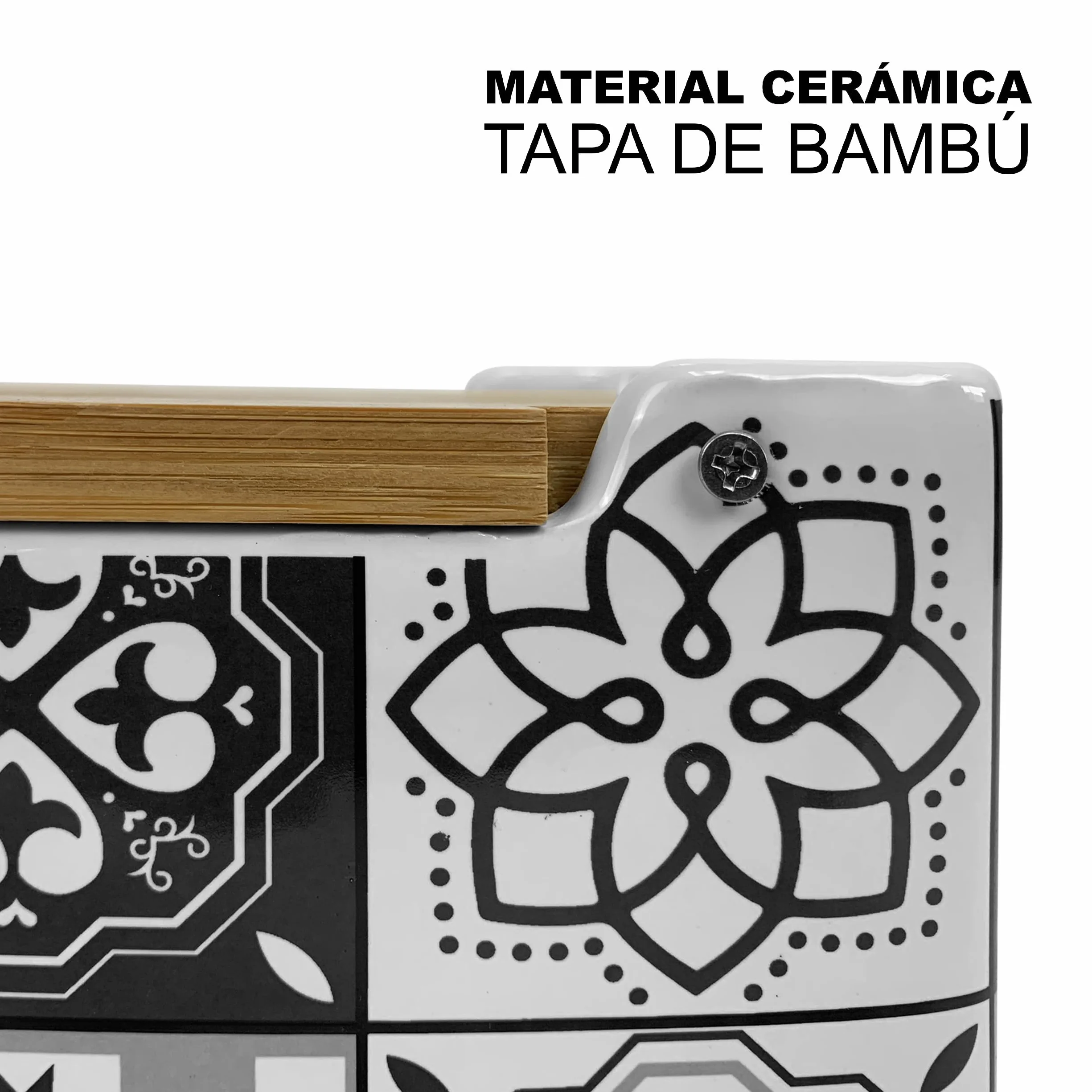 TIENDA EURASIA - Salero de Cocina de Cerámica | Tapa Abatible de Bambú | Diseño Moderno de Mosaico | Color Gris | Medida 12 x 12 x 11 cm | Saleros de Cocina Modernos