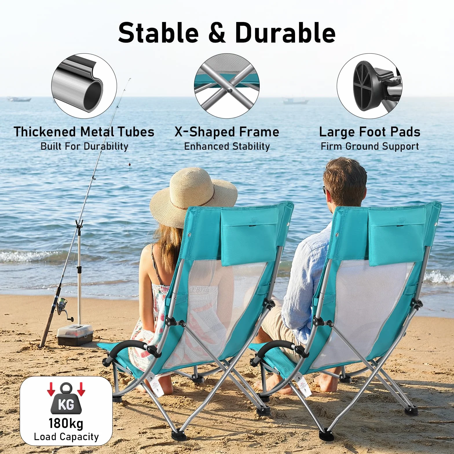 WildFun Silla de playa plegable baja, ligera y portátil, con respaldo alto, soporte para bebidas, soporta hasta 180 kg, para viajes, exteriores, barbacoas, pícnic, festivales (1 unidad, azul)