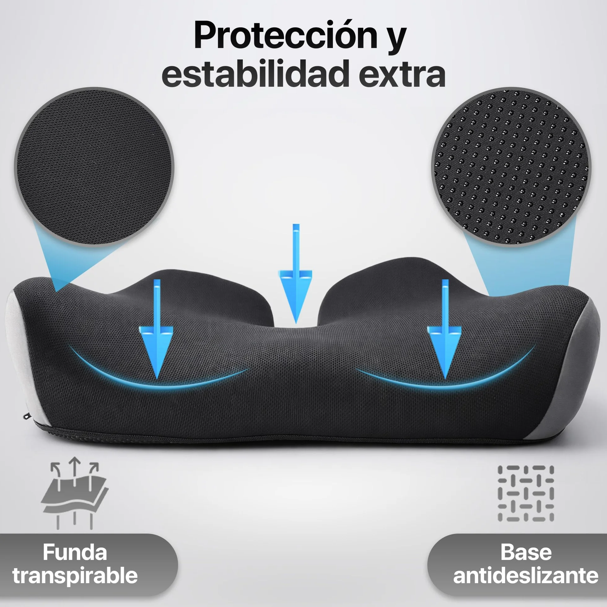 Cojin Silla Oficina Viscoelastico Ergonómico Funda Lavable Transpirable Base Antideslizante