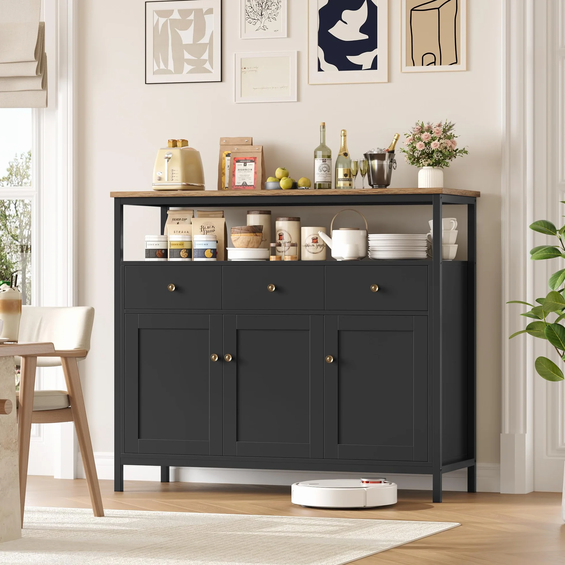 FirFurd Mueble Aparador, Aparador Cocina, Aparador Comedor, Mueble Almacenaje Auxiliar, para Salón, Baño, con 3 cajones y 3 Puertas, Estante Ajustable, 108x38x98,5cm (Negro)