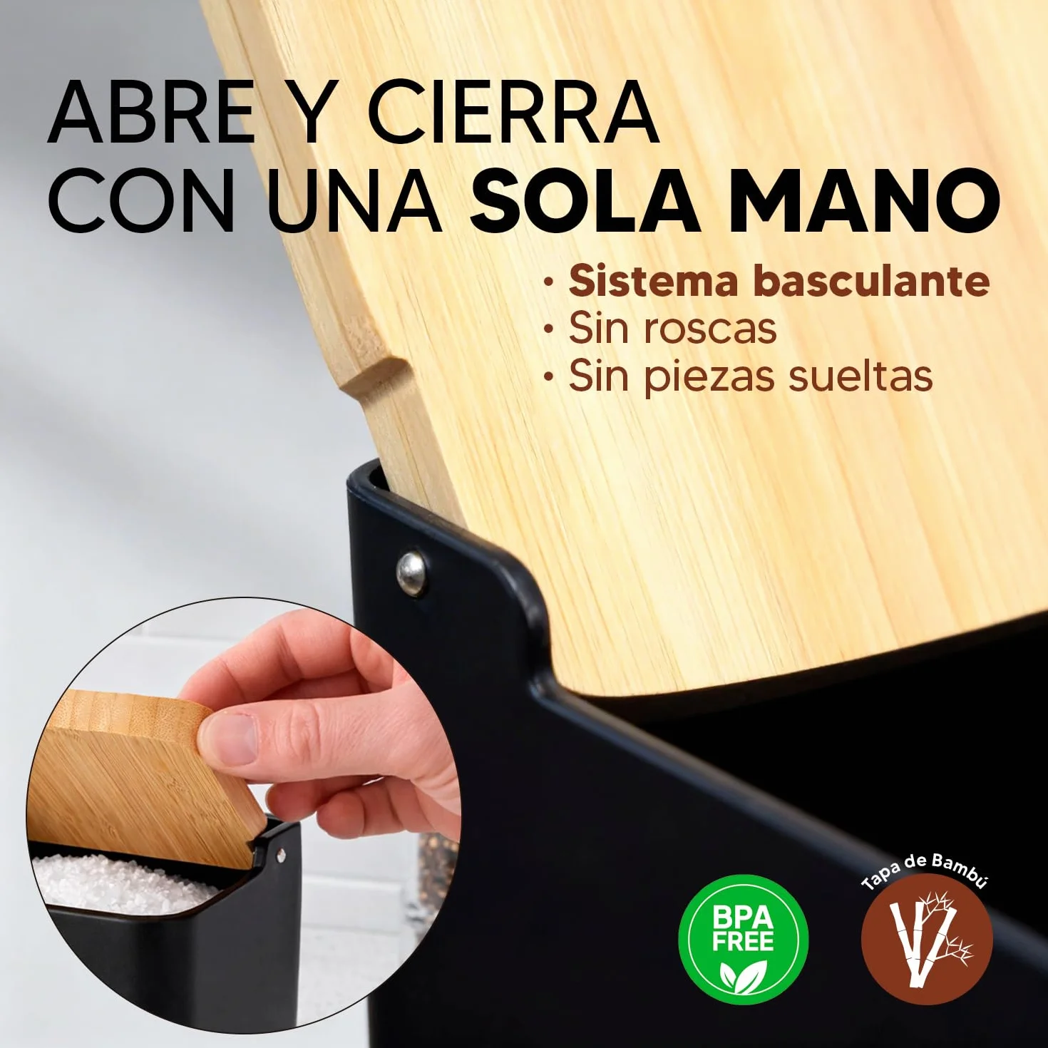 CIA&CO Salero Cocina Grande 1kg – Recipiente para Sal, Azúcar, Especias, Café – Tapa Bambú Natural – Cierre Antihumedad (NEGRO)