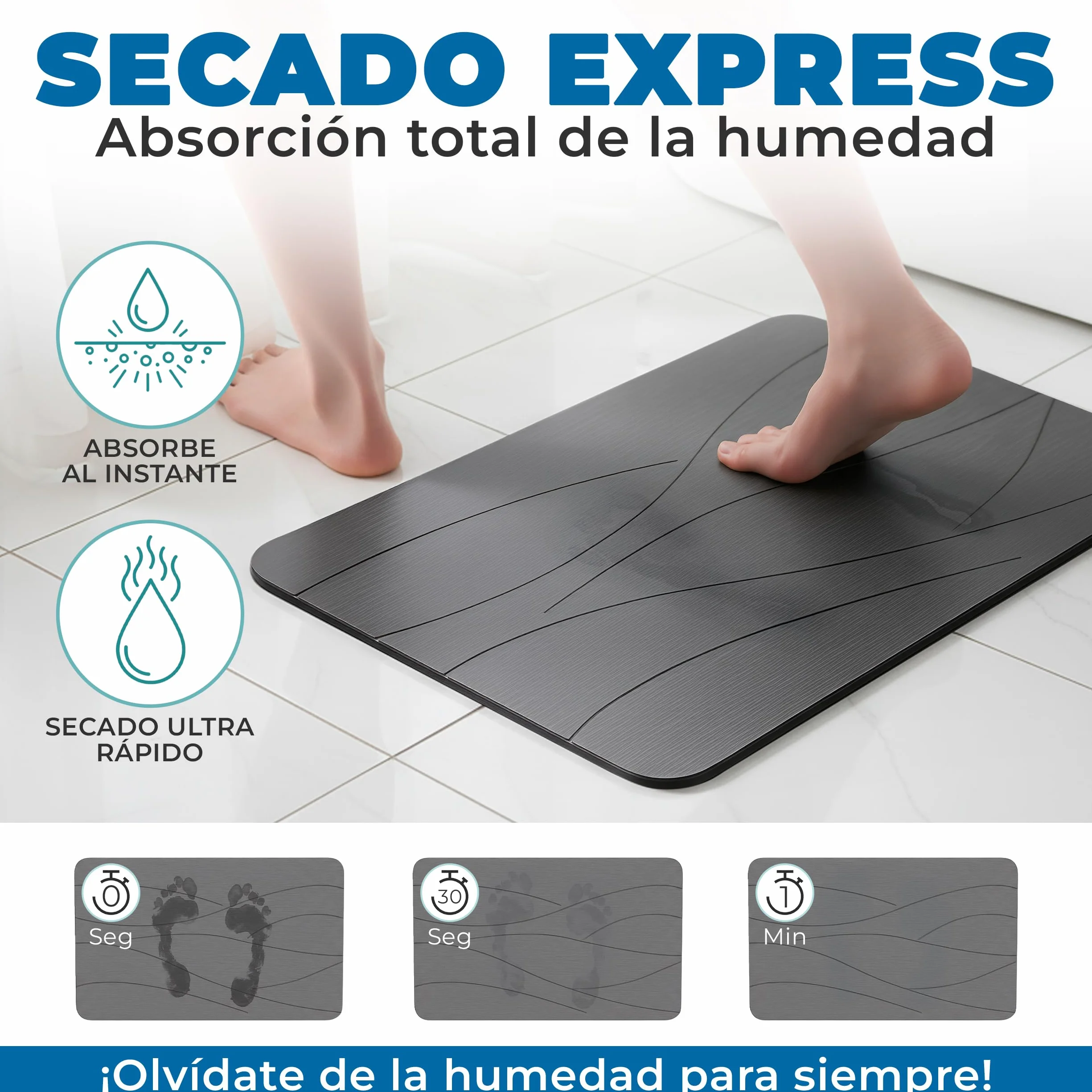 Alfombra Diatomita Baño Antideslizante Antibacteriana Secado Rápido 60x39 cm Gris Oscuro