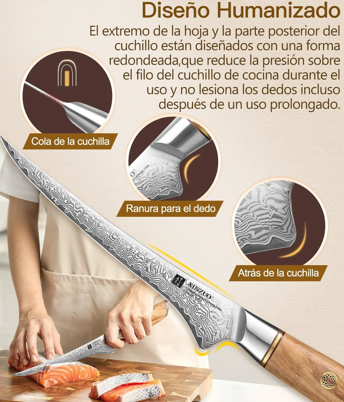 XINZUO Cuchillo de Filete 17,8cm Acero Damasco 73 Capas Mango Olivo