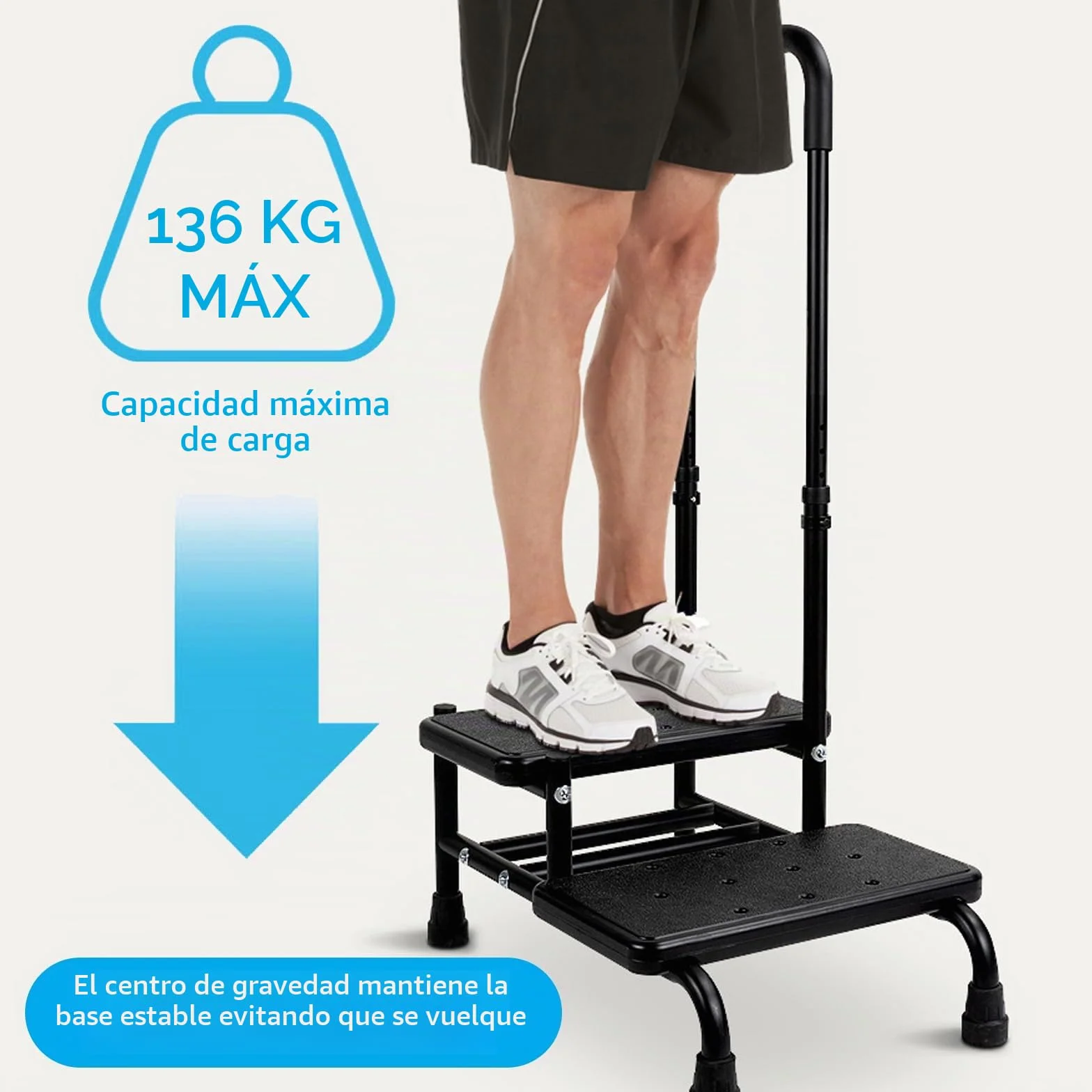 SECURA - Taburete con asa, doble peldaño hasta 160 kg, escalera con superficie antideslizante, seguridad para adultos, ancianos y niños en cocina, baño y casa
