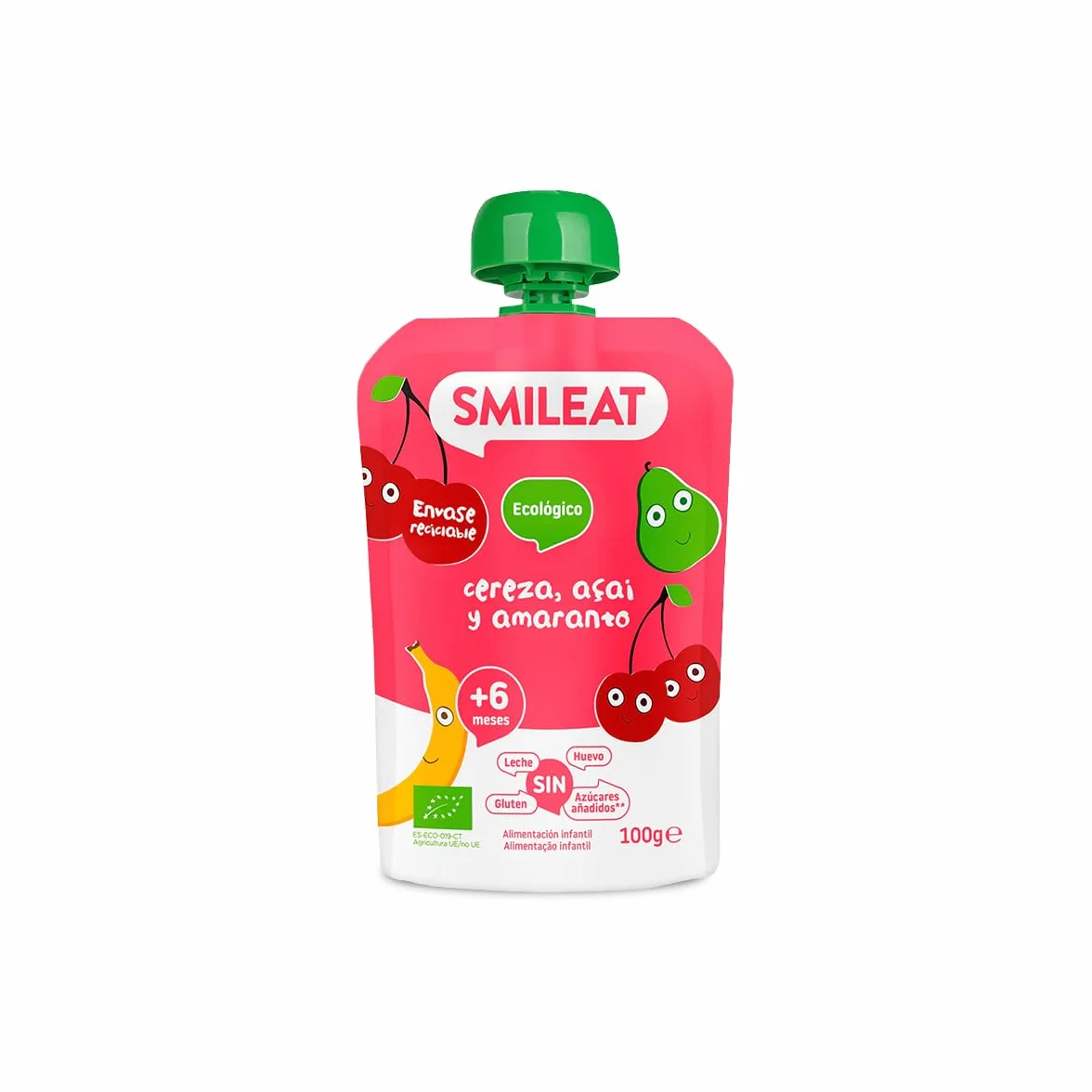 Smileat Pouch de Frutas Ecológicas Sin Sal ni Azúcar Añadido Sin Gluten Snack Práctico para Peques Sabor a Cereza Açai y Amaranto