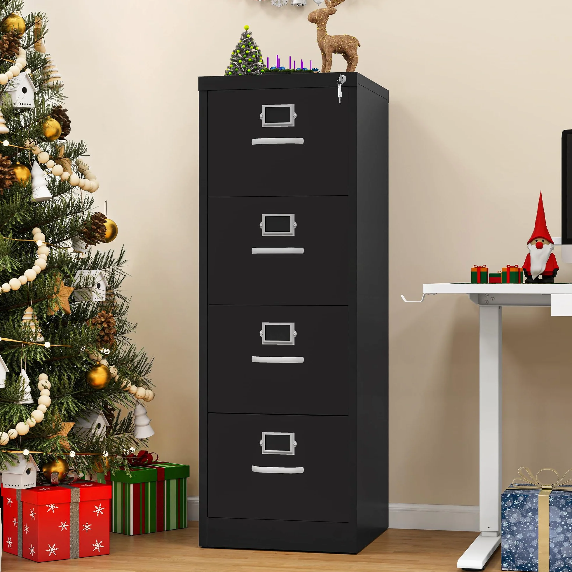 YITAHOME Archivador vertical con 4 cajones, con cerradura para tamaño carta/legal/A4, cajones de almacenamiento antivuelco con ranura para tarjetas de taco para oficina en casa, negro, 45,8 x 45 x 133