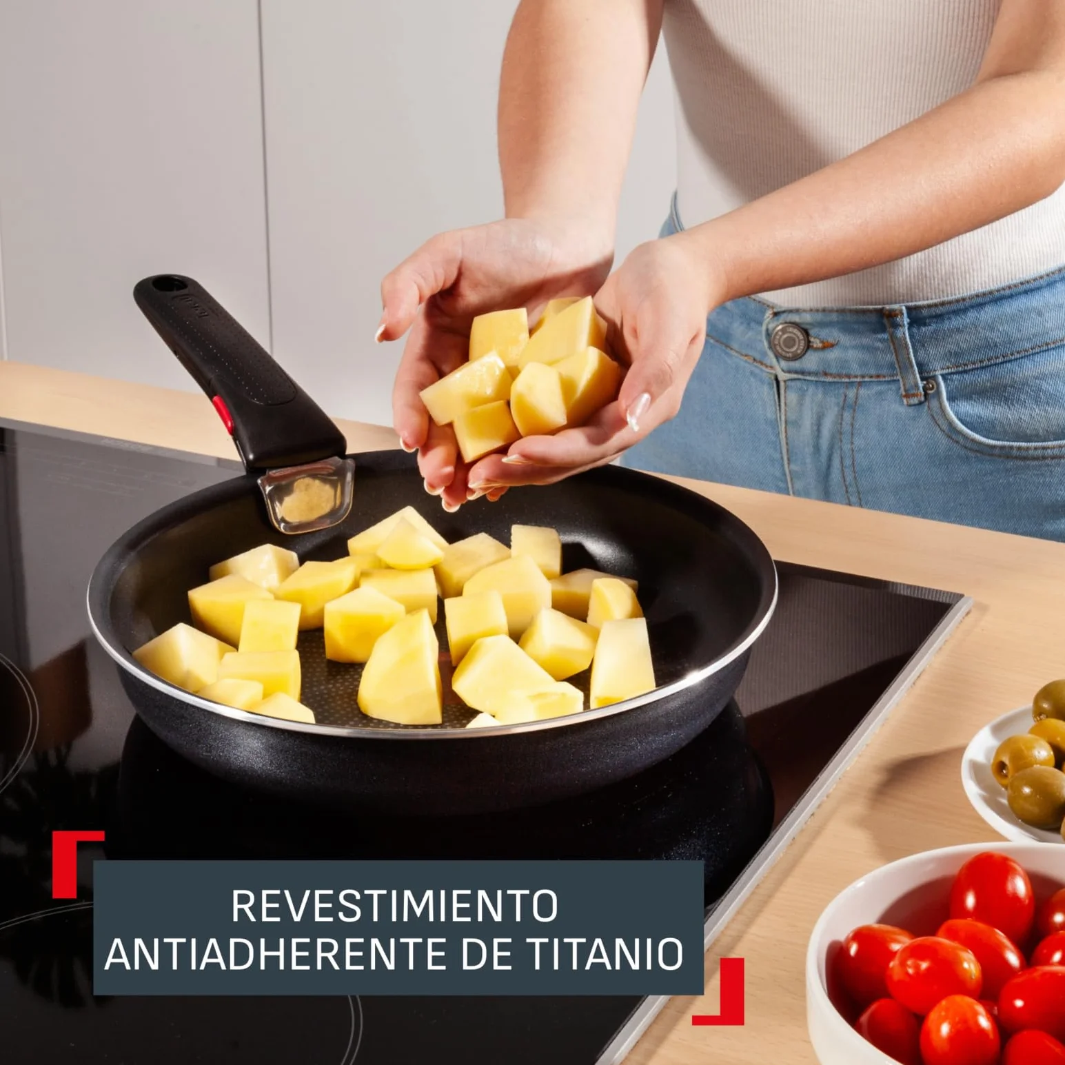 Tefal Ingenio Enjoy Juego de 3 Sartenes 22/24/28 cm Mango extraíble Apto inducción Antiadherentes Titanio Thermo-signal