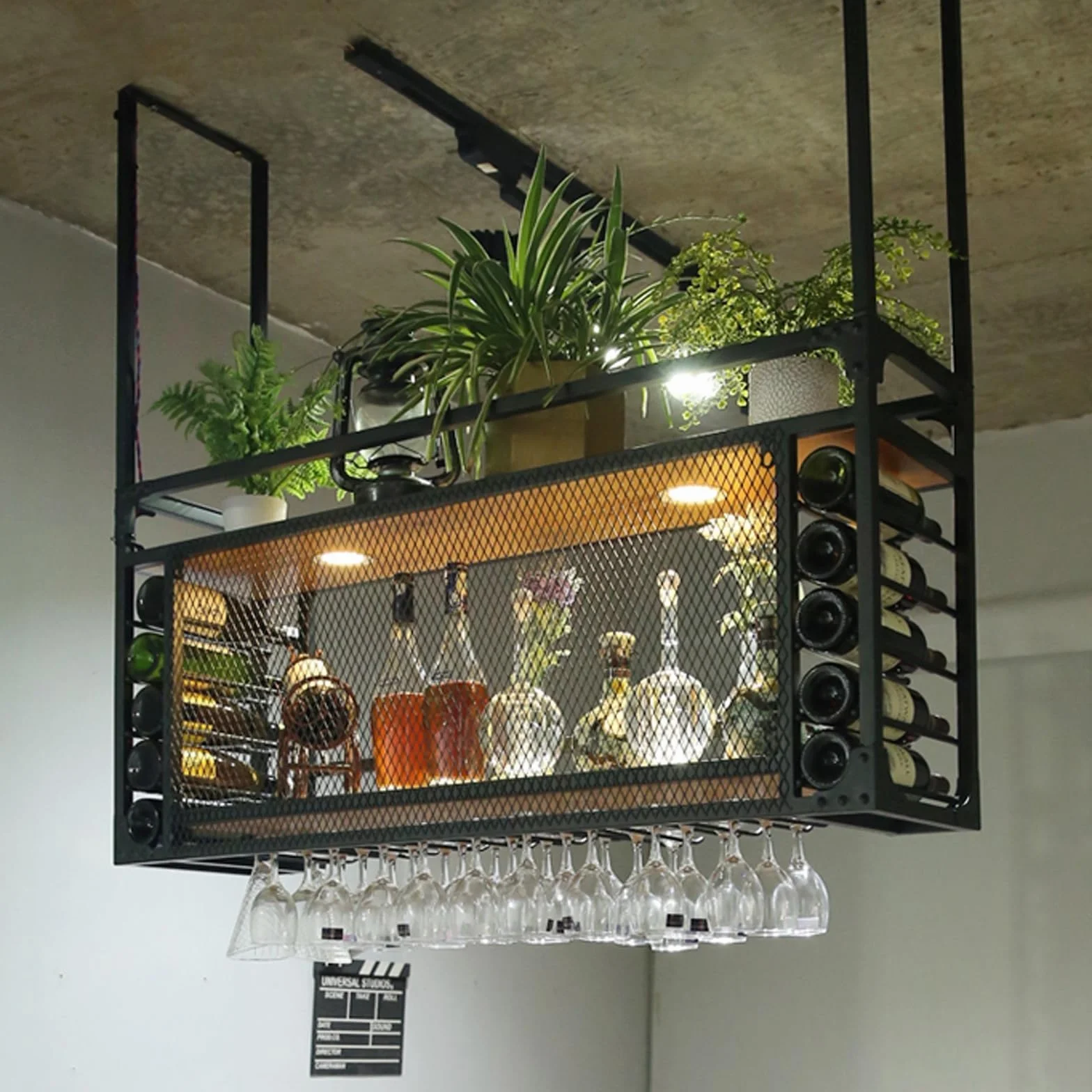 Estante de Techo, botellero Colgante de Gran Capacidad, se Puede Colgar o Montar en la Pared, botellero Simple con luz, Adecuado para Bares, restaurantes (80 * 30 * 55+40cm)