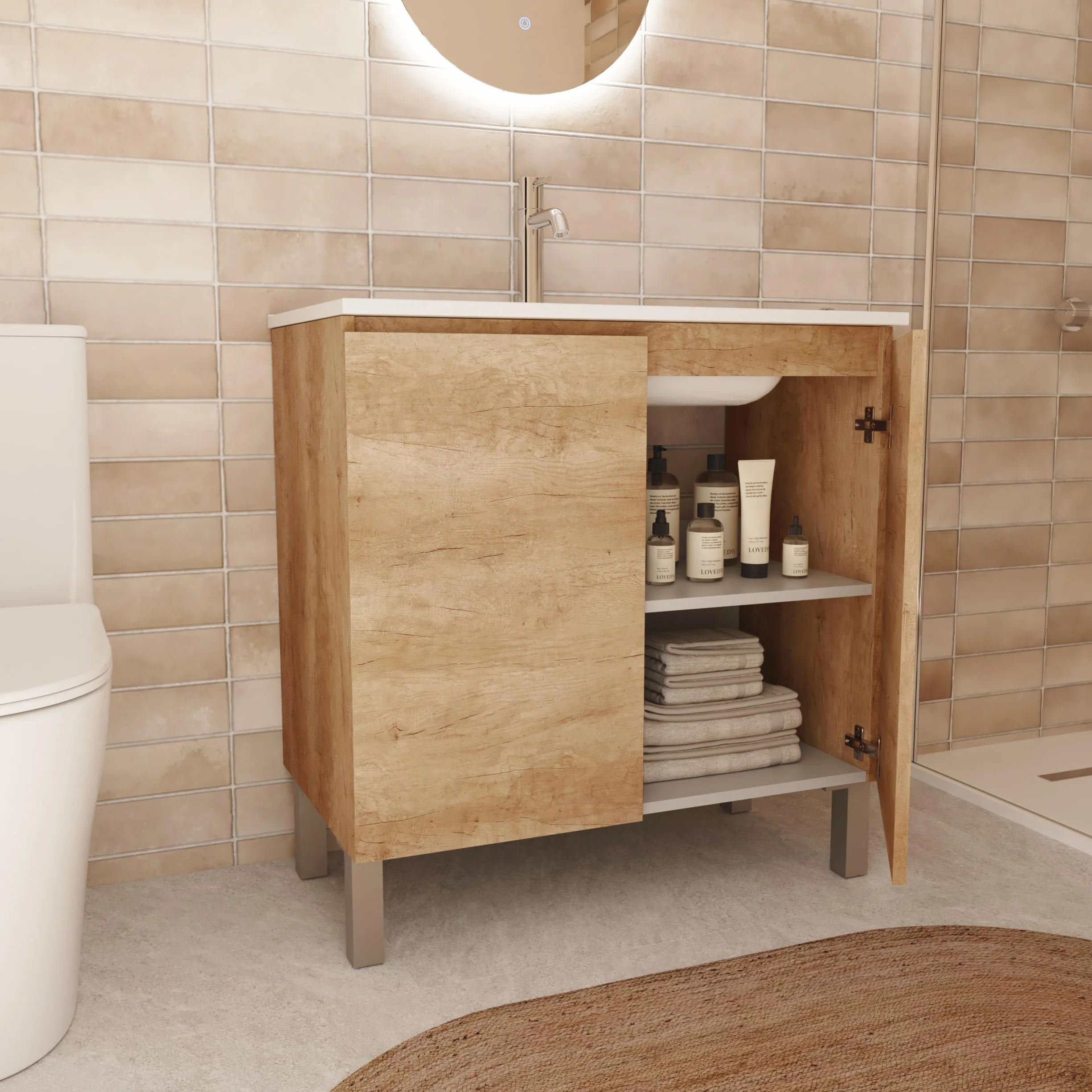 Baikal Mueble de Baño Nook. Mueble MONTADO. 60cm Nature 2 Puertas. Cierre Amortiguado. Patas Cromadas. Armario de Baño. Incluye Lavabo Ceramico