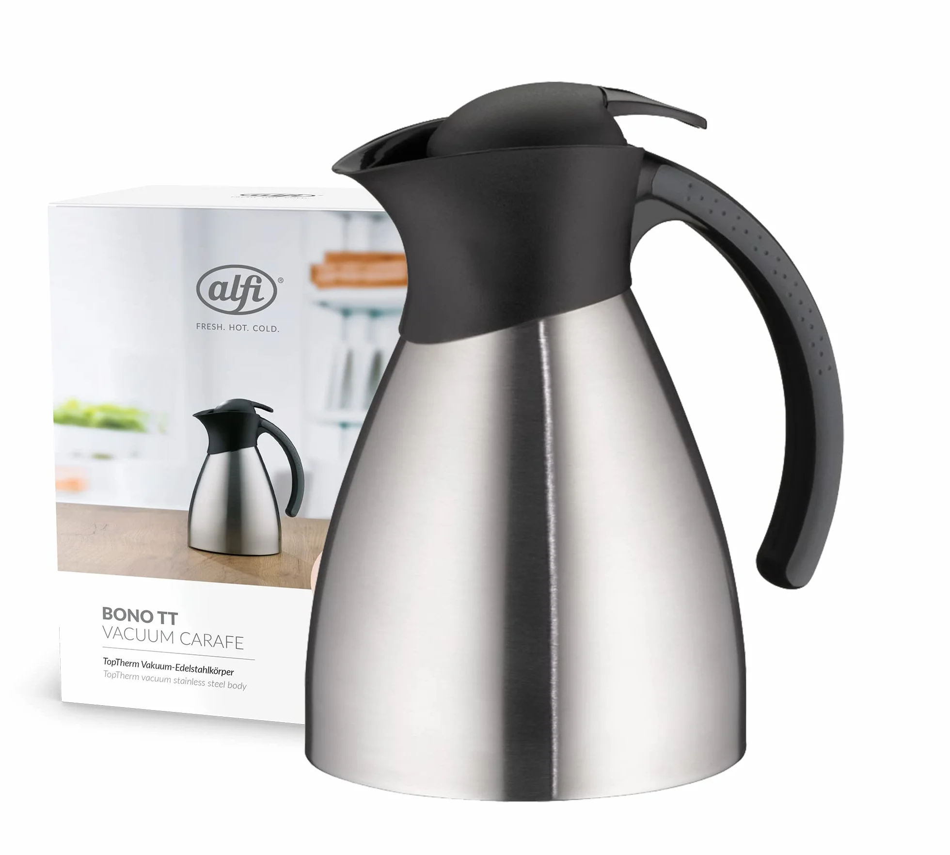 alfi Bono TT 1,0 l, Jarra de Doble Pared de Acero Inoxidable con plástico Negro, Mantiene el Calor 12 Horas y el frío 24 Horas, tapón de Rosca con pulsador, Jarra térmica, para lavavajillas, sin BPA