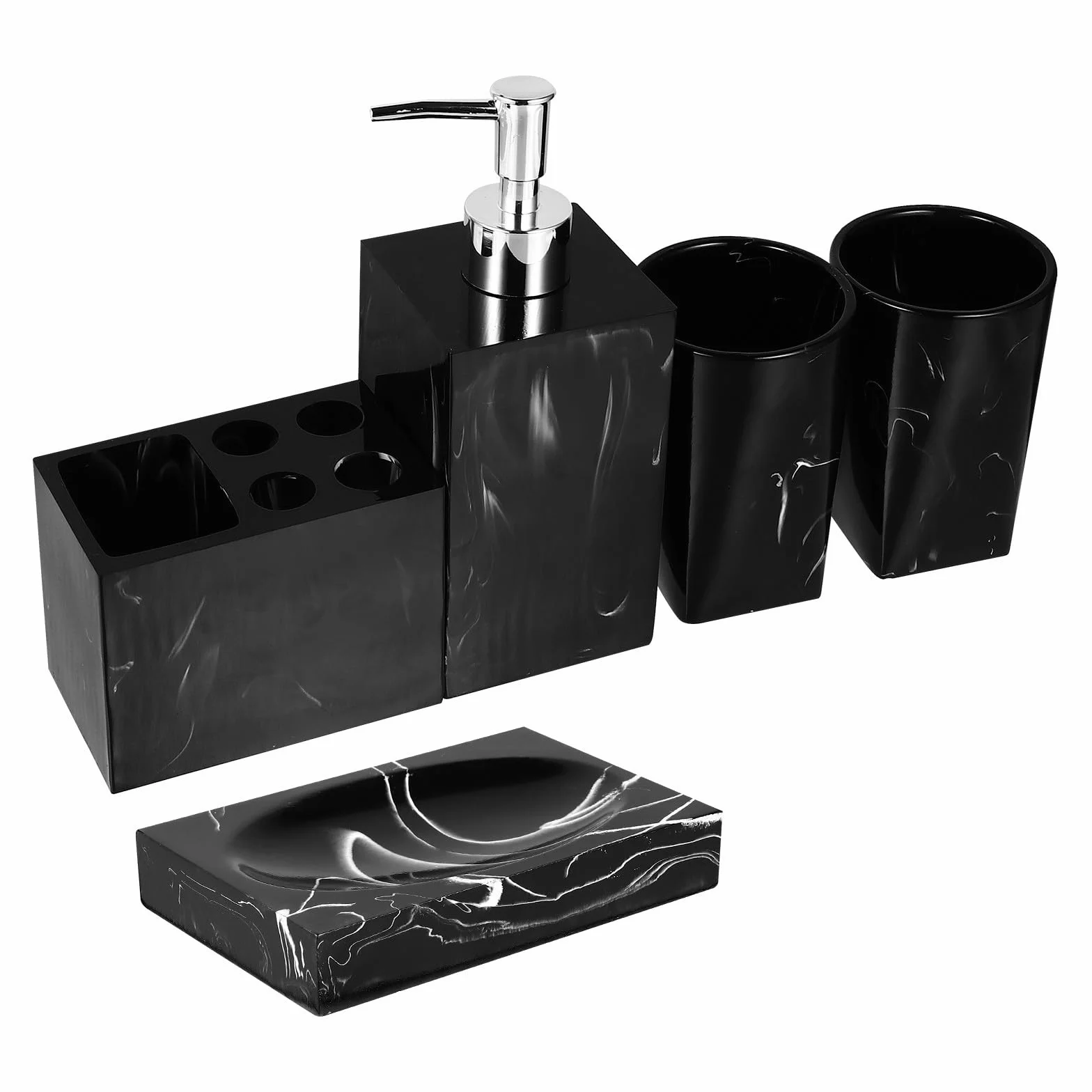 Juego de Accesorios para Baño Incluye Jabonera, Soporte para Cepillo, 2 Vasos para Enjuague y Bandeja de Jabón Negro de Resina Diseño Marmoleado Fácil de Limpiar y Cómodo