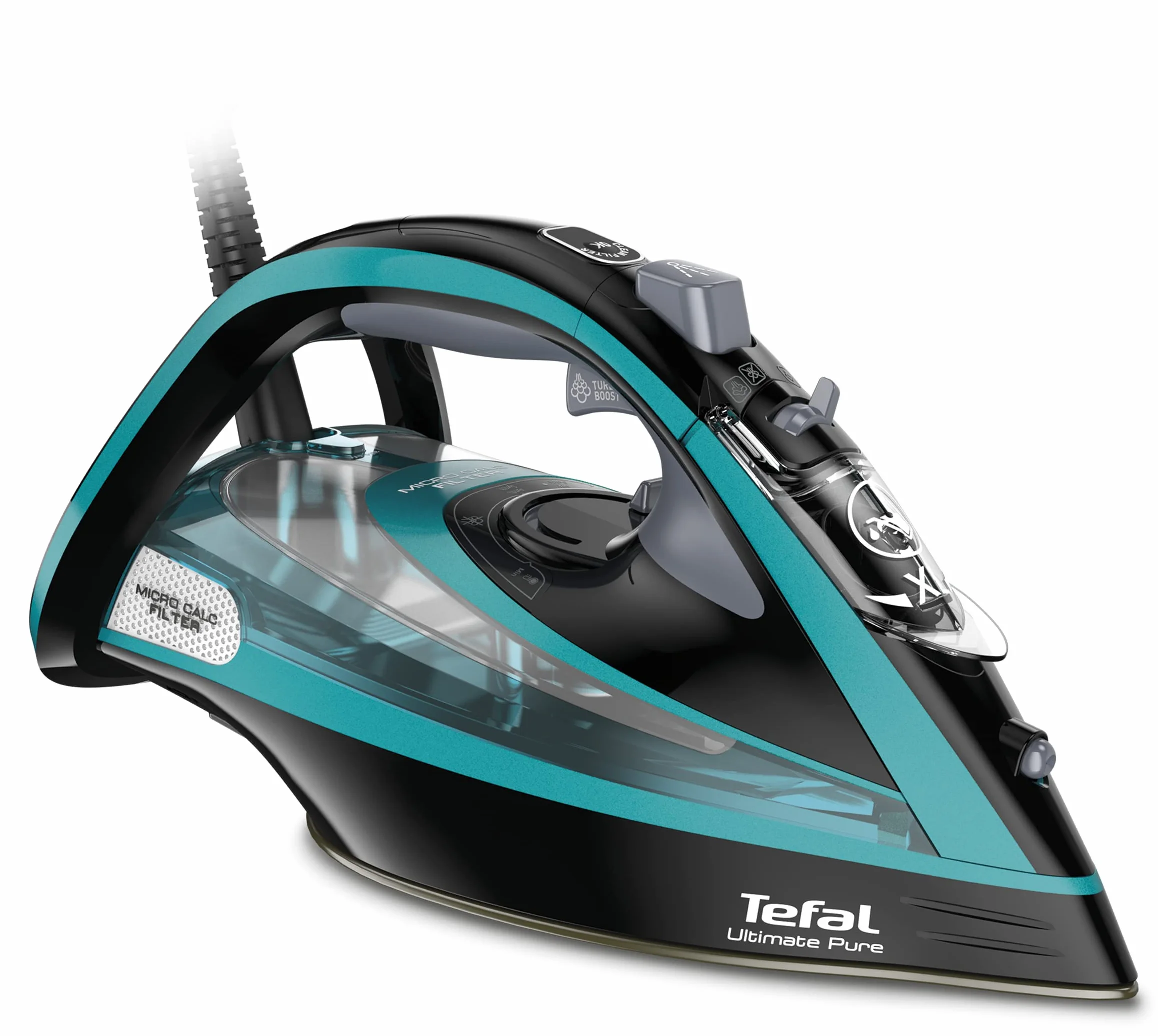 Tefal Plancha de vapor Ultimate Pure FV9844, 3200 W, filtro microcalco, suela Durilium Airglide Autoclean, apagado automático, 0,35 litros, 31,6 x 15,1 x 16,3 cm, negro/azul