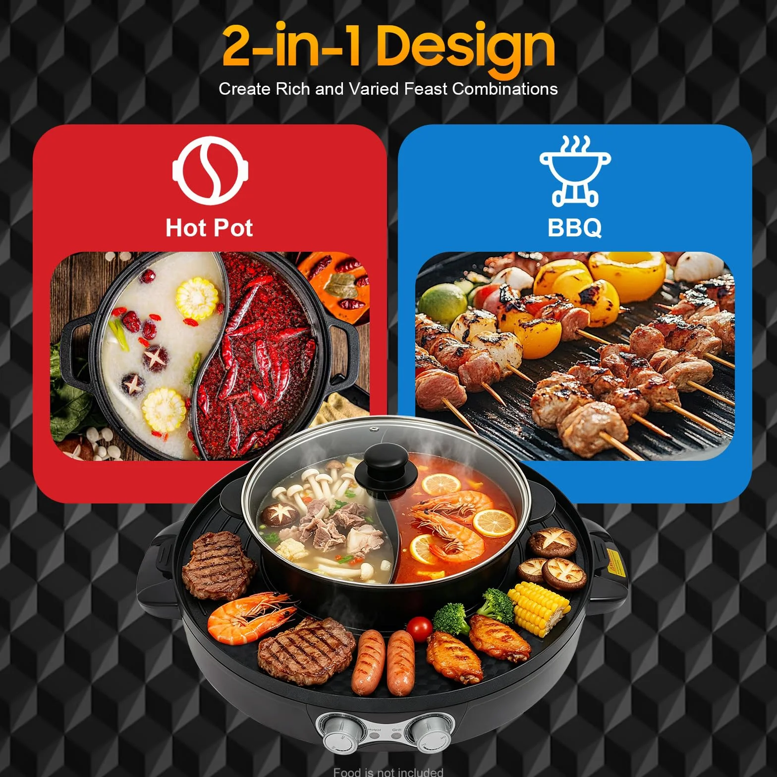 Parrilla de raclette y Hotpot 2 en 1, Calentador eléctrico de acero inoxidable antiadherente