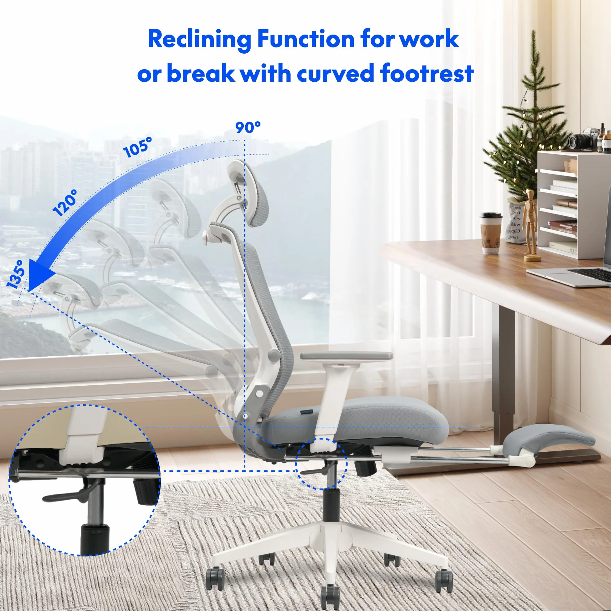 FLEXISPOT FLODPLUS Silla Ergonómica de Oficina Plegable con Soporte Lumbar, Reposabrazos Ajustables, Reposacabezas 2D y Malla Transpirable