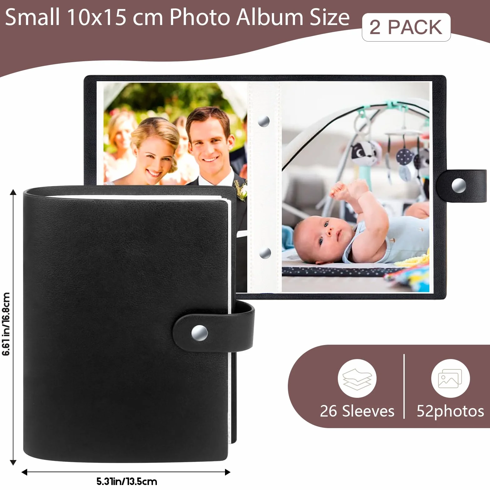 2 Paquetes de álbumes para fotos 10x15 pequeños, carga superior deslizante, 52 fotos - Cubierta de cuero, mini álbum de fotos para boda, familia, bebé y vacaciones (Negro)