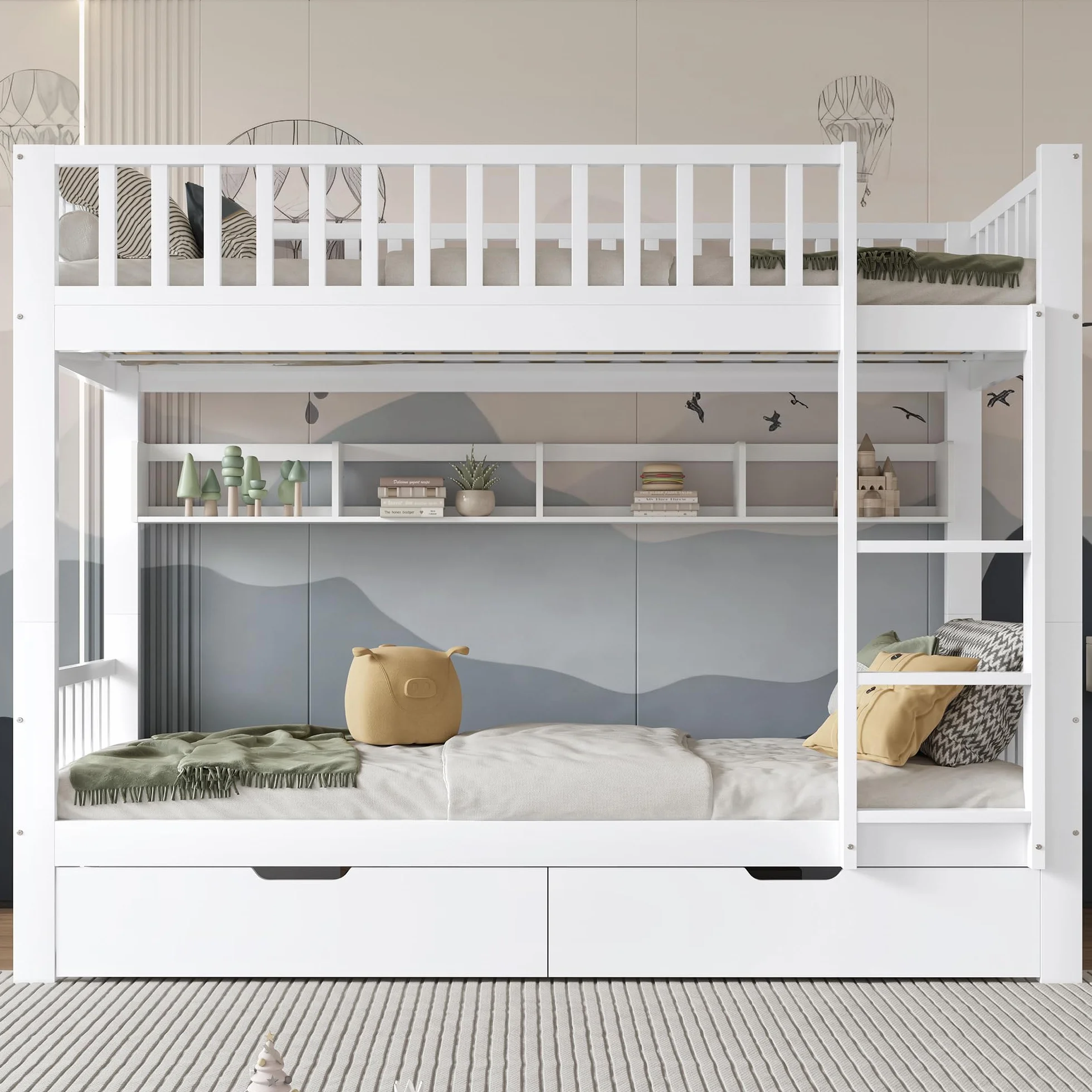 Cama Infantil, Litera para niños 90x200, Litera Matrimonio con 2 cajones y Escalera, Se Convierte en Dos Camas Individuales, Cama altillo con protección anticaída y somier, Blanco, Sin colchón