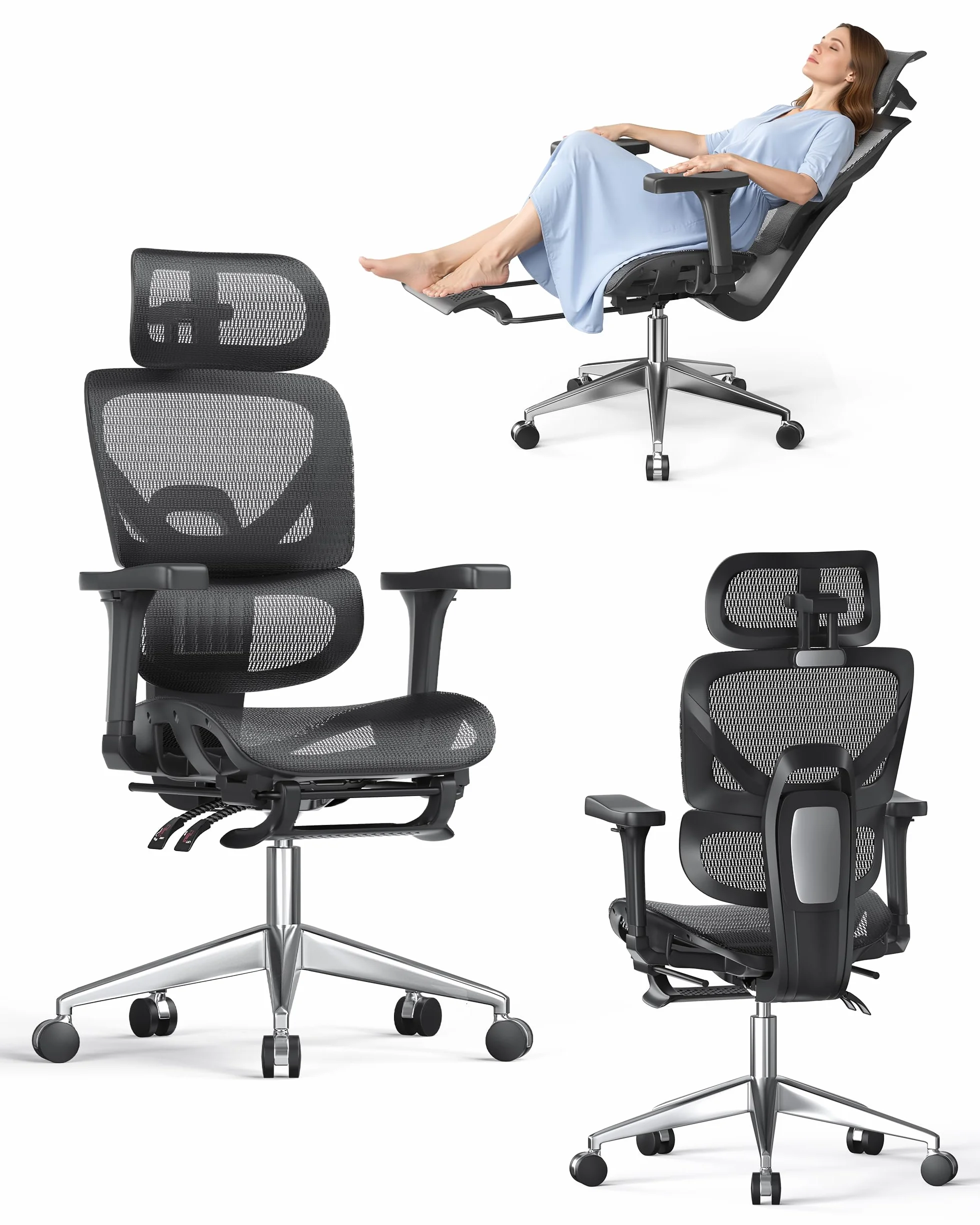 Silla Escritorio Ergonómica con Respaldo Alto de Malla Transpirable, Carga 160 kg, Reposabrazos 3D y Reposacabezas Ajustables