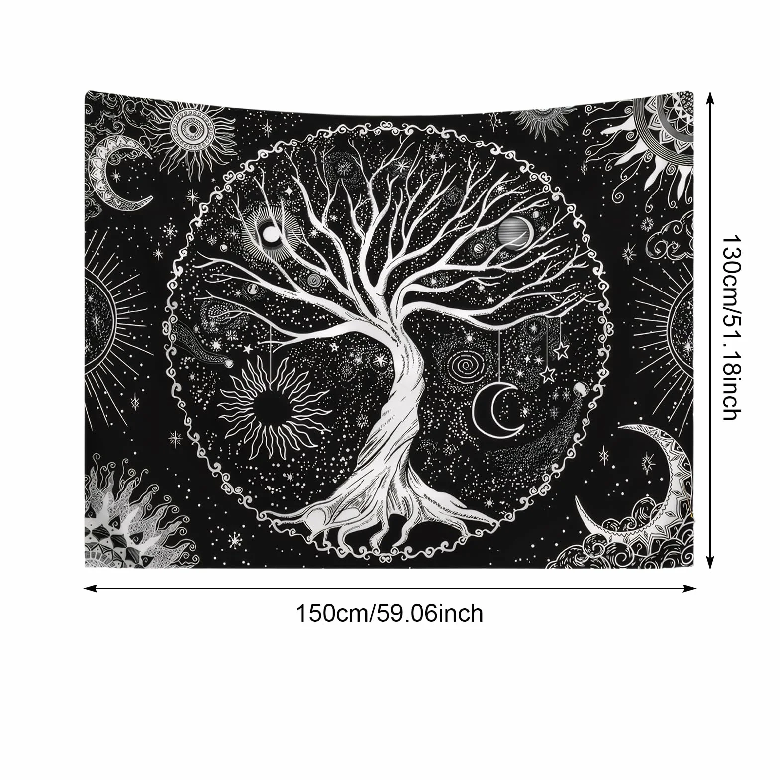 DecorDwell Tapices de Árbol de la Vida,150x130cm Tapiz Pared Fases Lunares，Tapiz de Mandala Psicodélico,Tapiz de Pared Blanco y Negro,para Habitación，Dormitorio，Salapareo Playa（ Blanco Negro