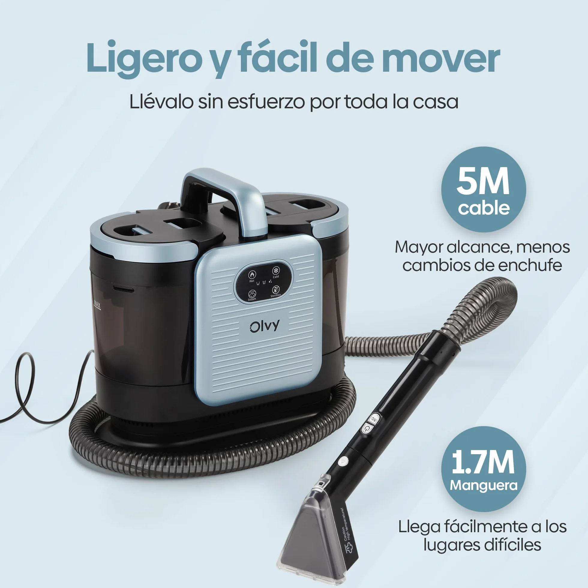 Olvy Limpiador de Alfombras PRO 1650W Aspiradora en húmedo con función de vapor 100°C