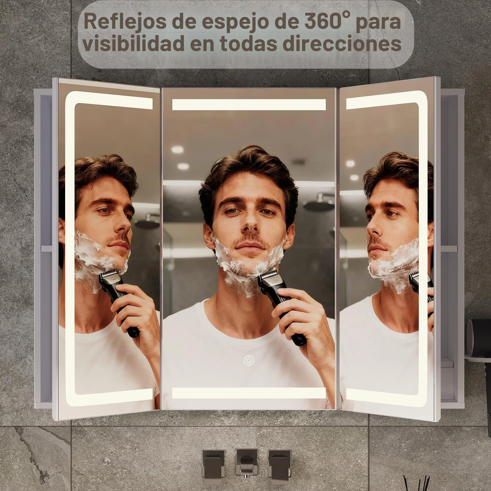 Armario Espejo Baño con Luz y Enchufe, 3 Puertas, Estantes Ajustables, 80x60x16 cm, Blanco