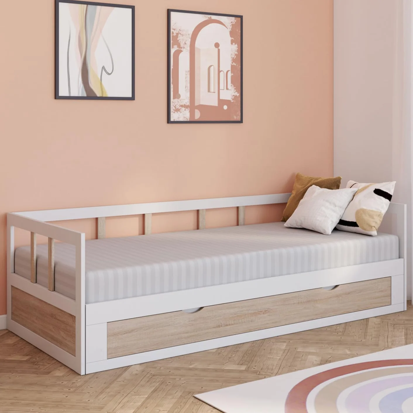 IDMarket - Cama tapizada 90 x 190 cm Zoya desplegable, 180 x 190 cm, Blanco y haya con 1 cajón