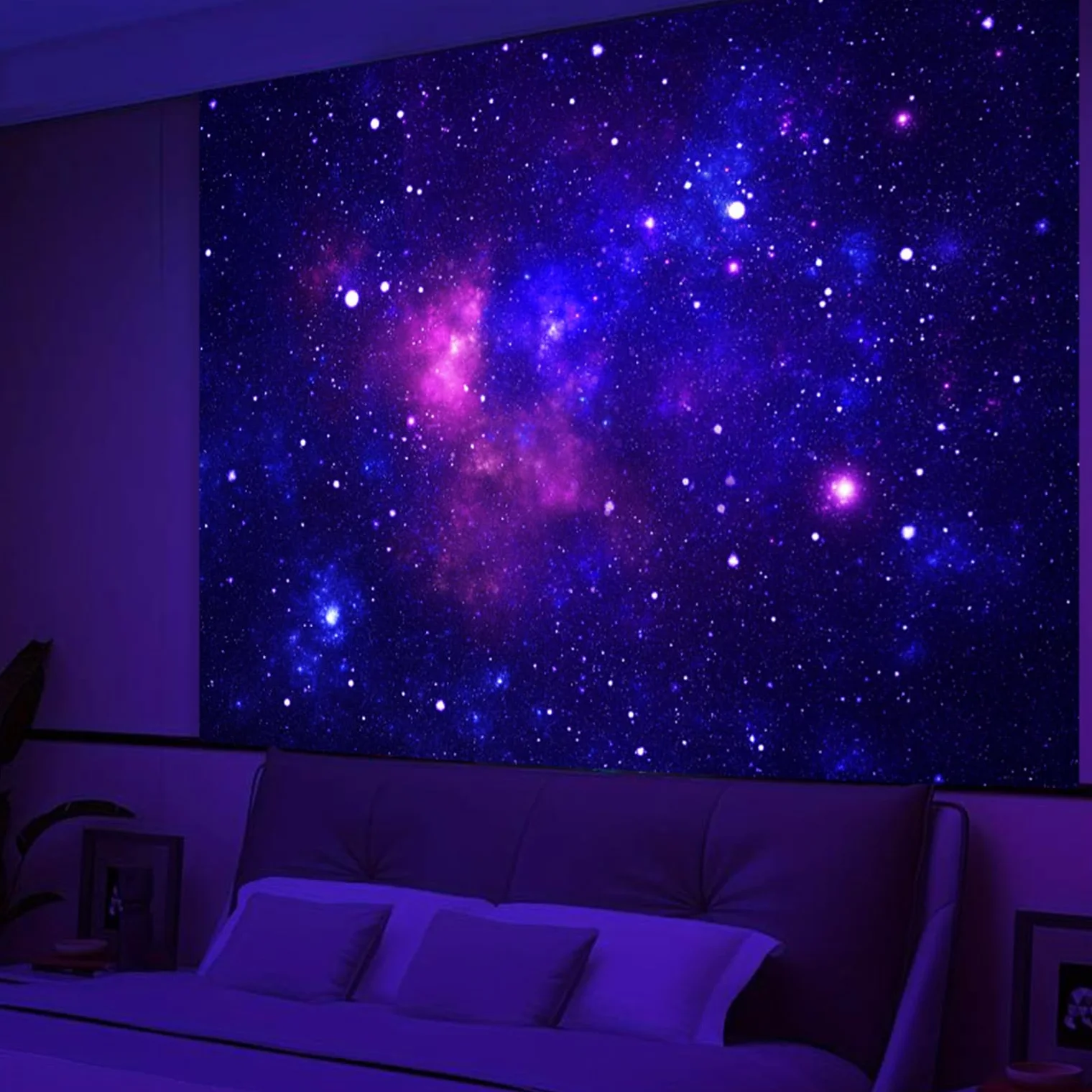 Tapiz Galáctico con Luz Negra Espacio Azul Cielo Estrellado Nocturno Colgante UV Reactivo Brillante Oscuridad 180 x 230cm