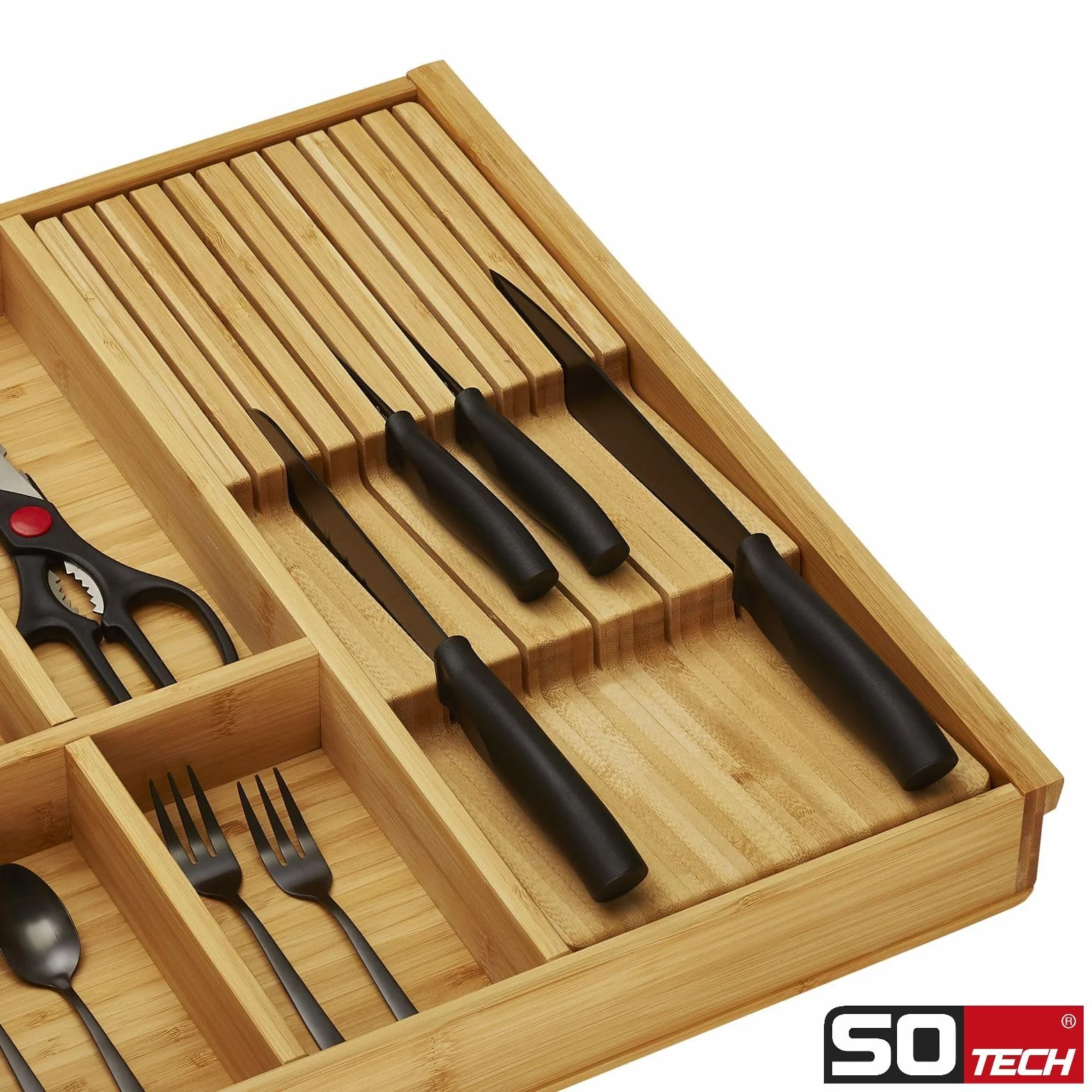 Orga-box Bandeja para cuchillos de bambú 448 x 174 x 45 mm 3 bandejas para cubiertos