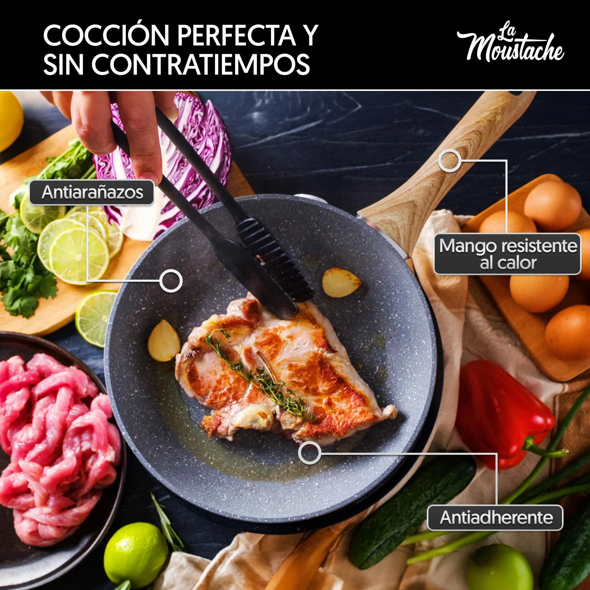 La Moustache Set de Sartenes 20/24/28 cm Antiadherente Apto para Inducción Batería de Cocina Profesional Aluminio