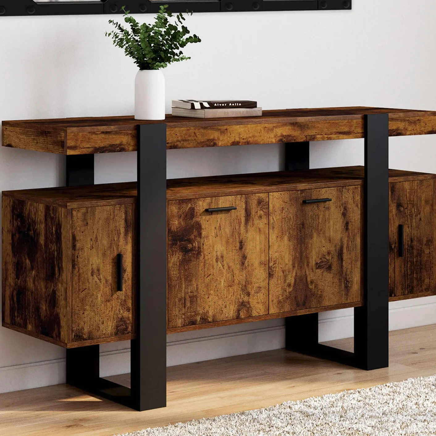 IDMarket Phoenix - Aparador de 140 cm, 4 puertas, efecto madera antigua y negro