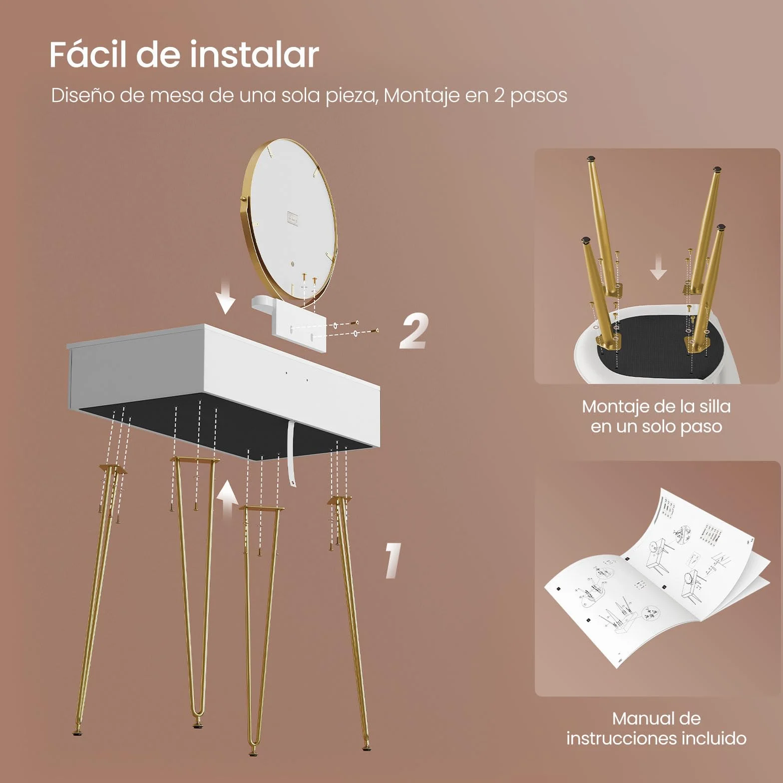 EUGAD Tocador de Maquillaje con Luz y Taburete, Conjunto de Tocador con Espejo con Silla Terciopelo, con 2 Cajones, Blanco + Dorado, 0056SZT