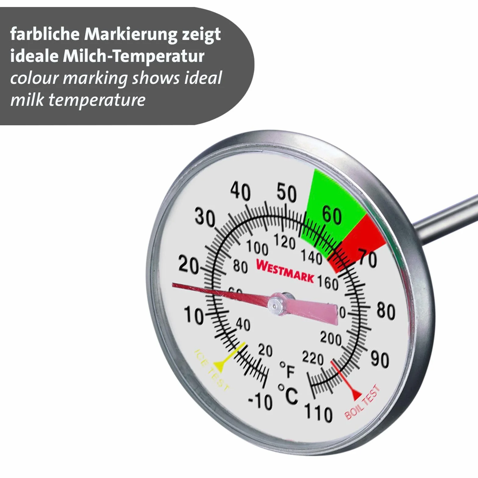 Termómetro para la leche Westmark – práctico termómetro de cocina para espumar leche, deliciosa espuma de leche para el café, termómetro de barista con pinza – acero inoxidable