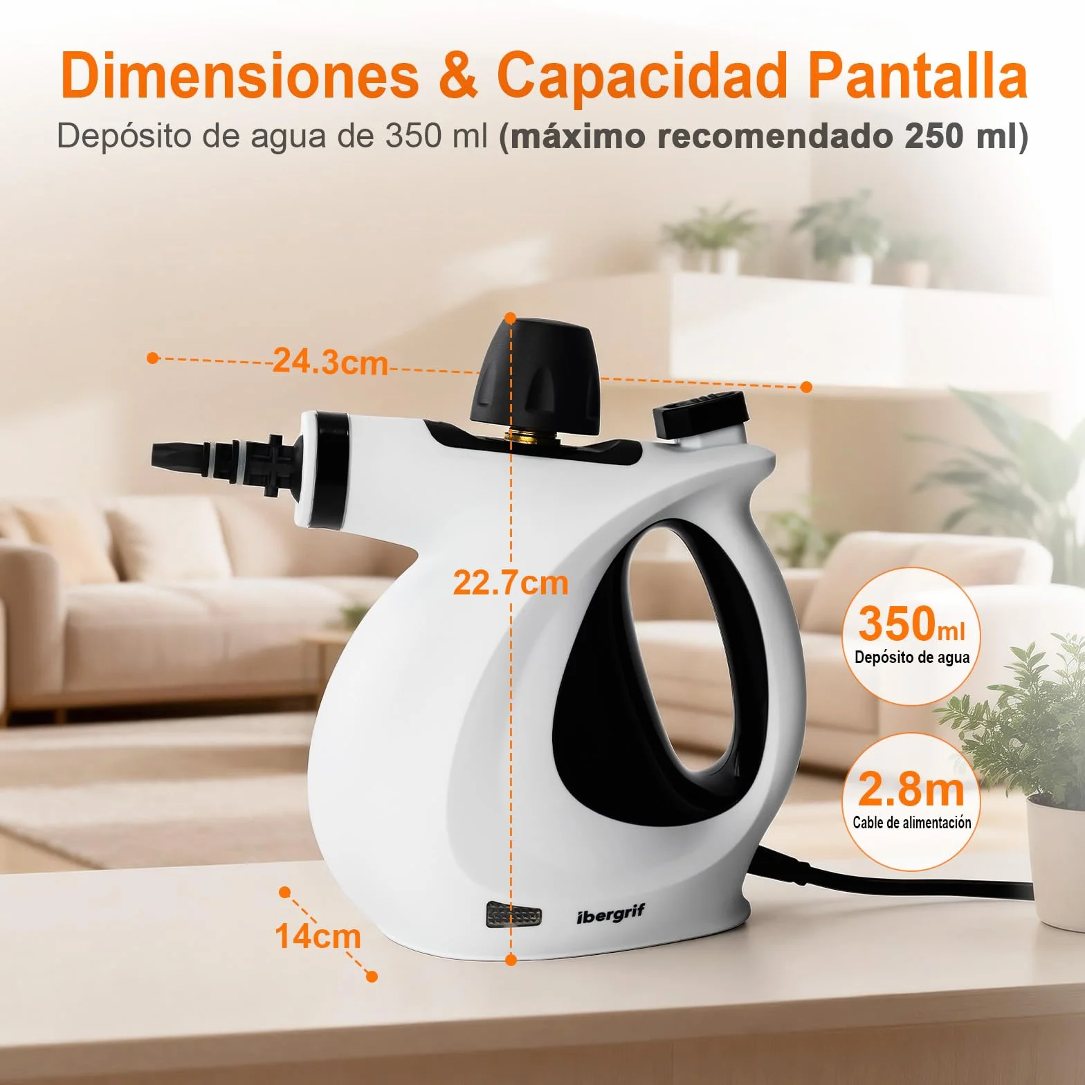 Ibergrif Limpiador de Vapor Portátil 1050W 3 Bar 9 Accesorios 350ml Blanco