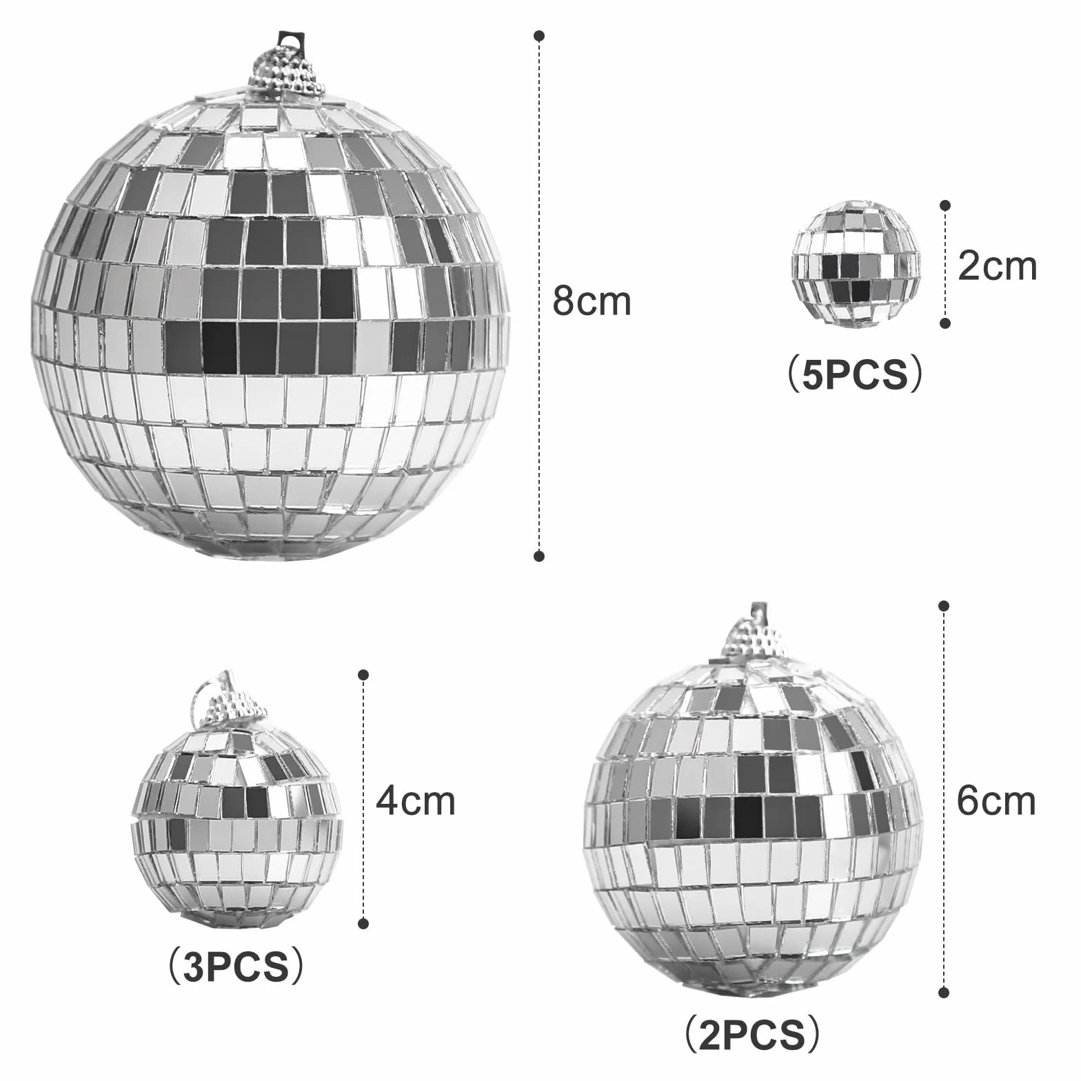 Set de 11 Bolas de Disco Espejadas Plateadas Decoración para Fiestas Espuma y Vidrio Múltiples Tamaños 2/4/68 cm