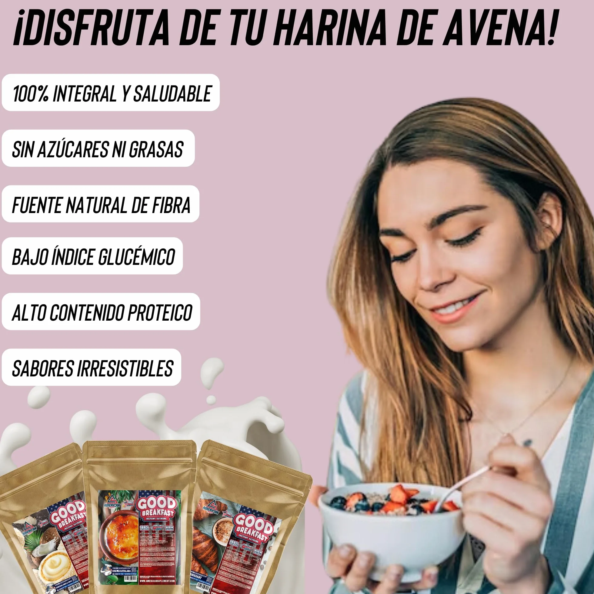 Harina de Avena Integral AS American Suplement 1 kg Bajo en Azúcares y Grasas Fuente de Fibra y Proteínas
